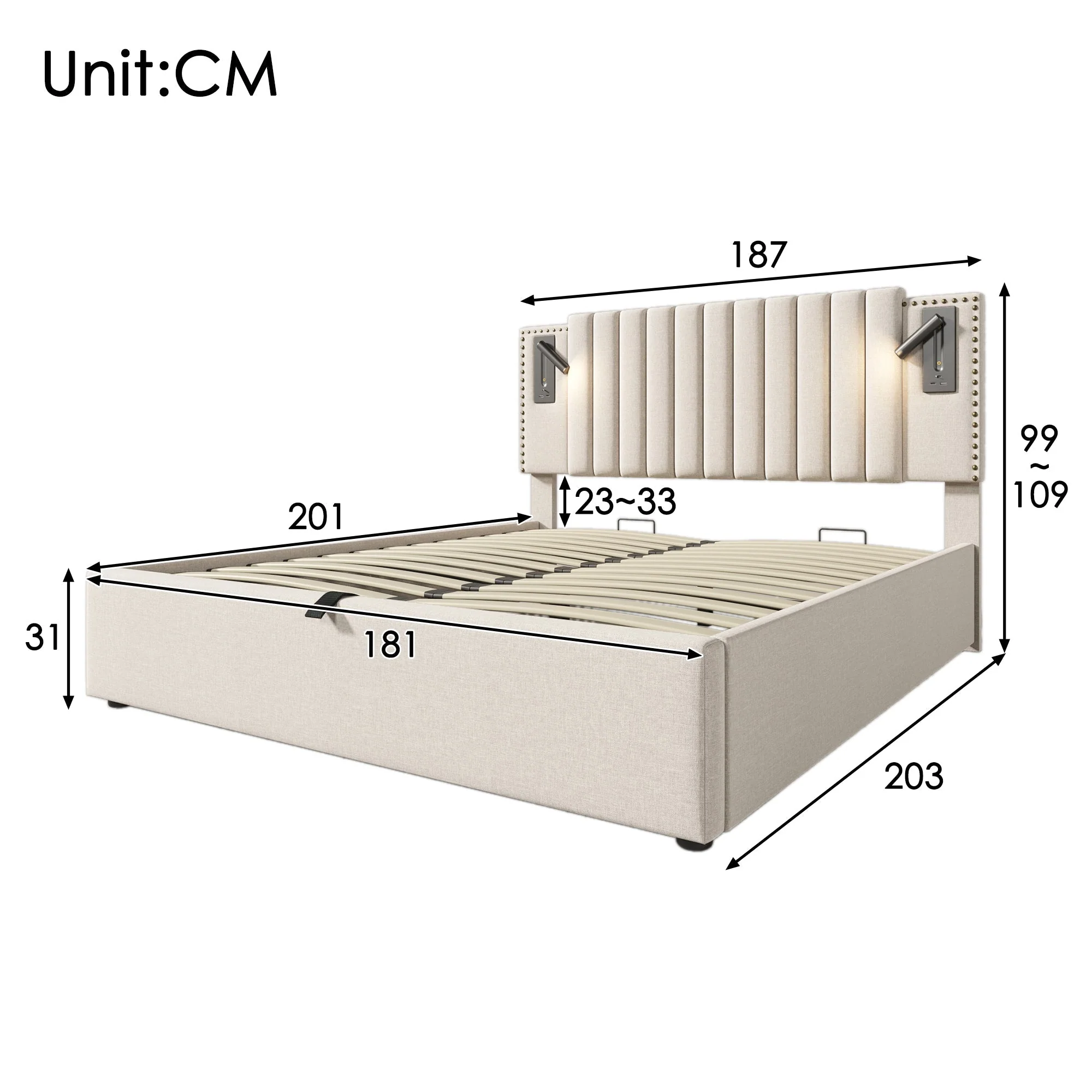 Upholstered Bed, 180x200 Double with Storage, USB Reading Light & Rivet Headboard, Beige Cotton - Image 5
