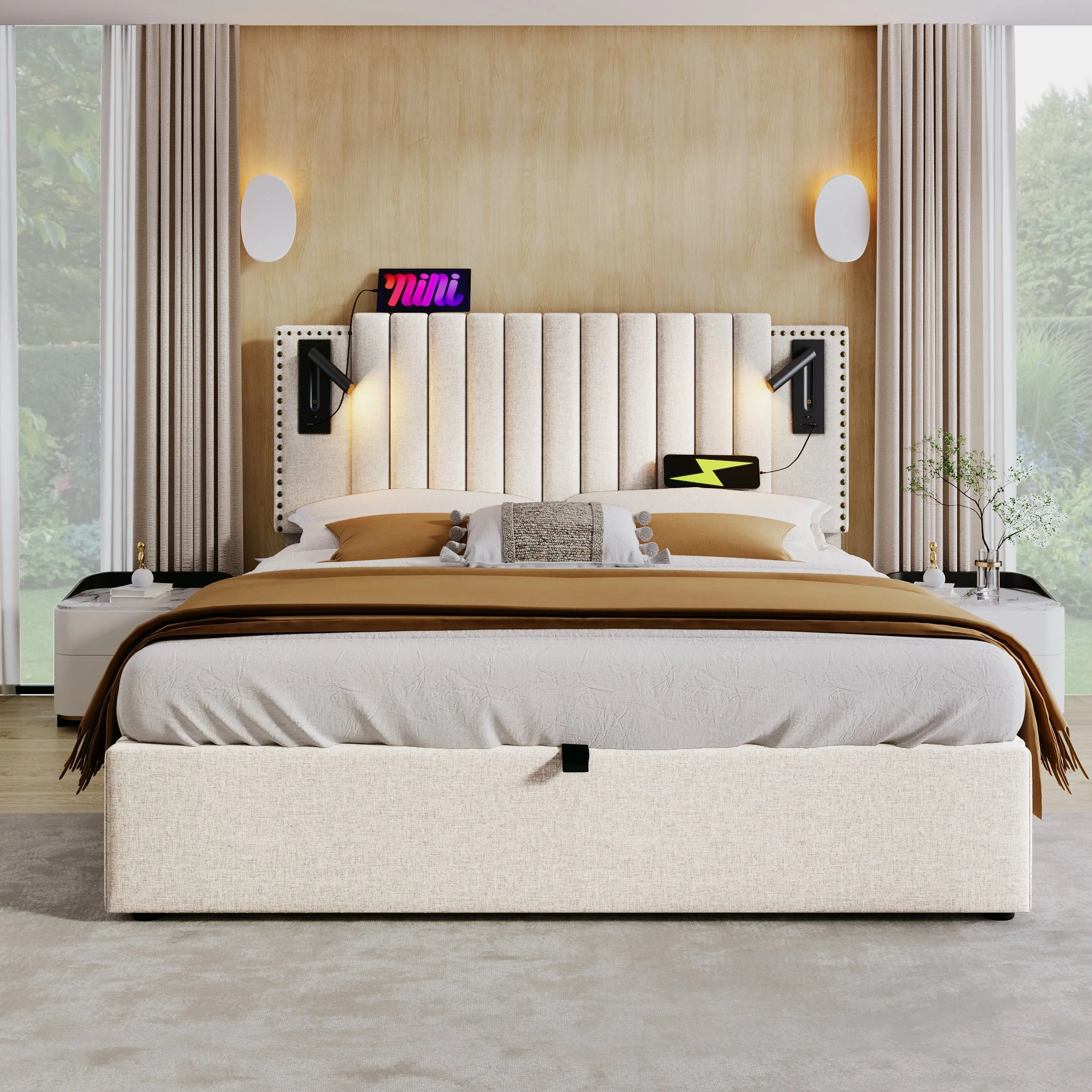 Upholstered Bed, 180x200 Double with Storage, USB Reading Light & Rivet Headboard, Beige Cotton - Image 9