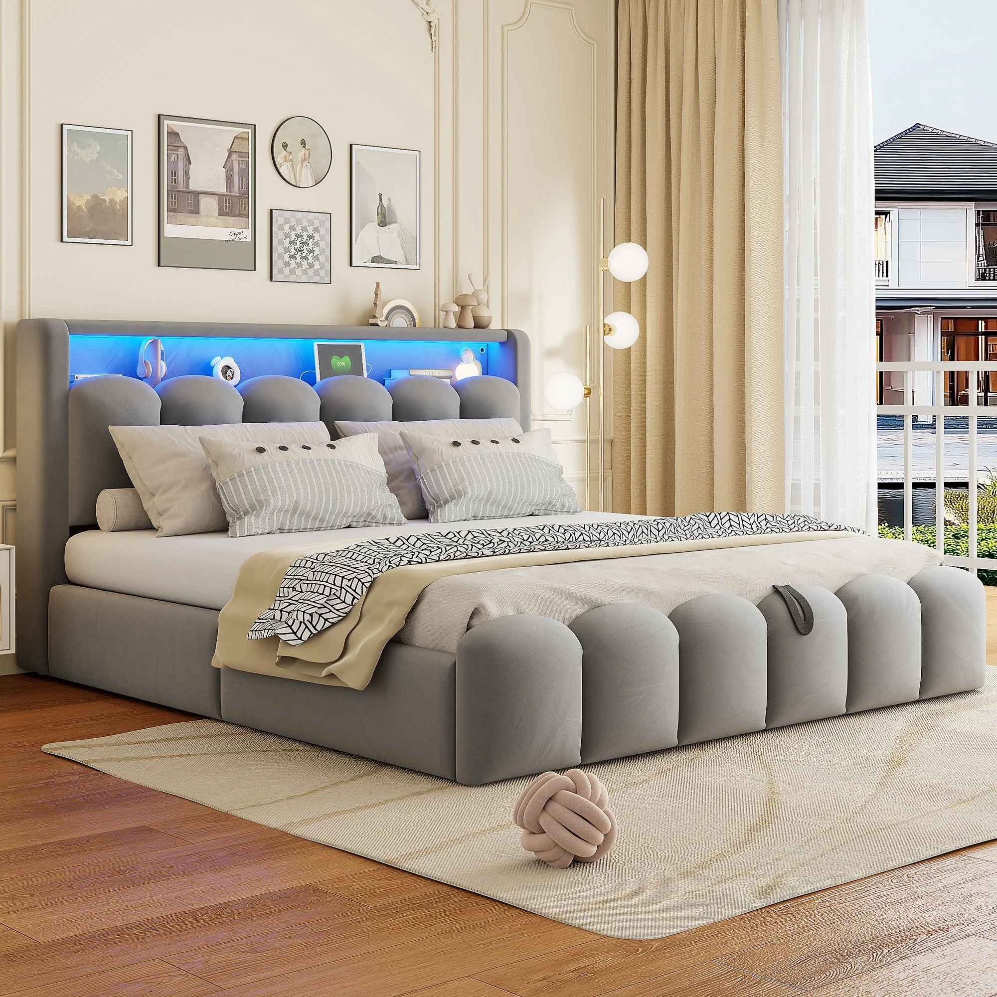 Upholstered Bed 180x200 Hydraulic Storage Headboard USB LED, Velvet Grey - Image 3