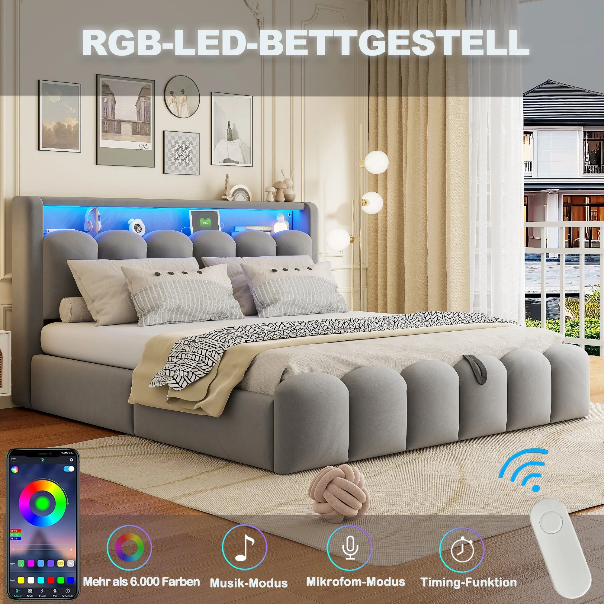 Upholstered Bed 180x200 Hydraulic Storage Headboard USB LED, Velvet Grey - Image 4