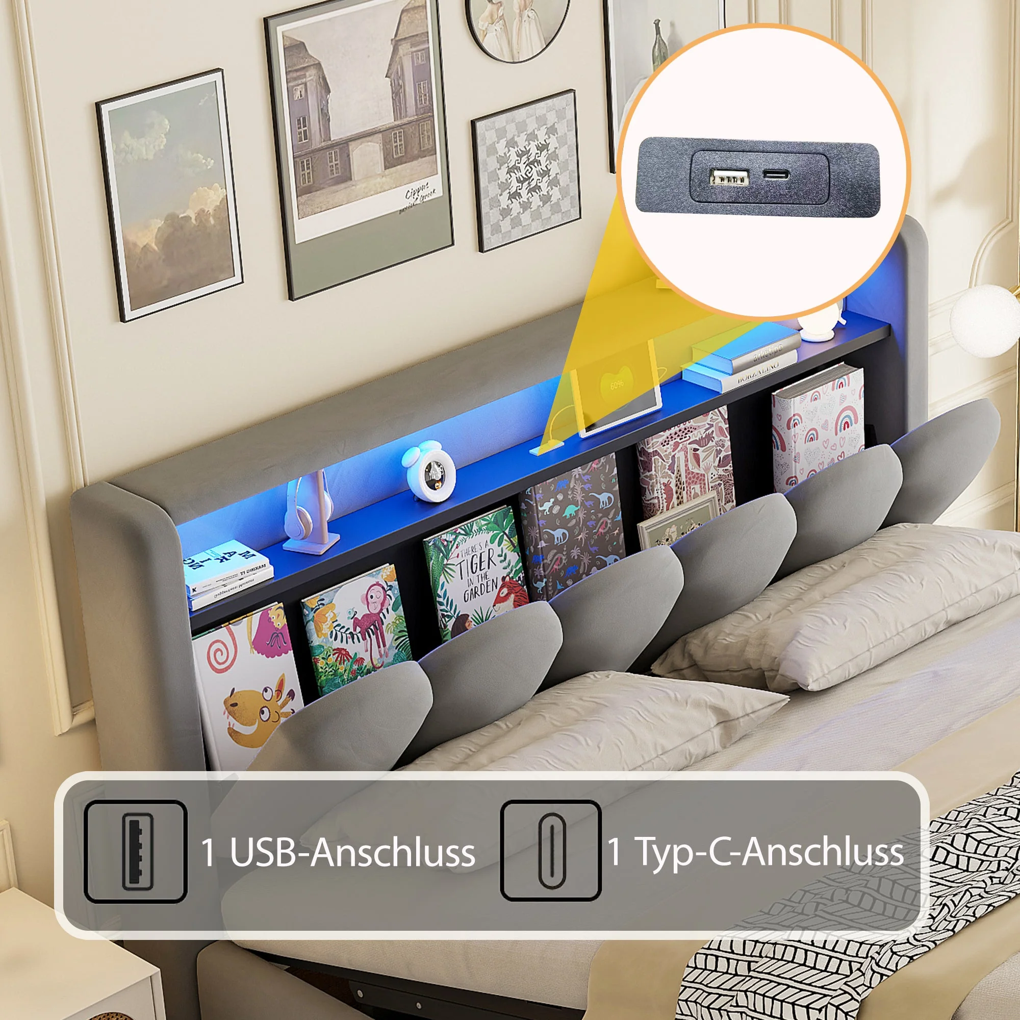 Upholstered Bed 180x200 Hydraulic Storage Headboard USB LED, Velvet Grey - Image 5
