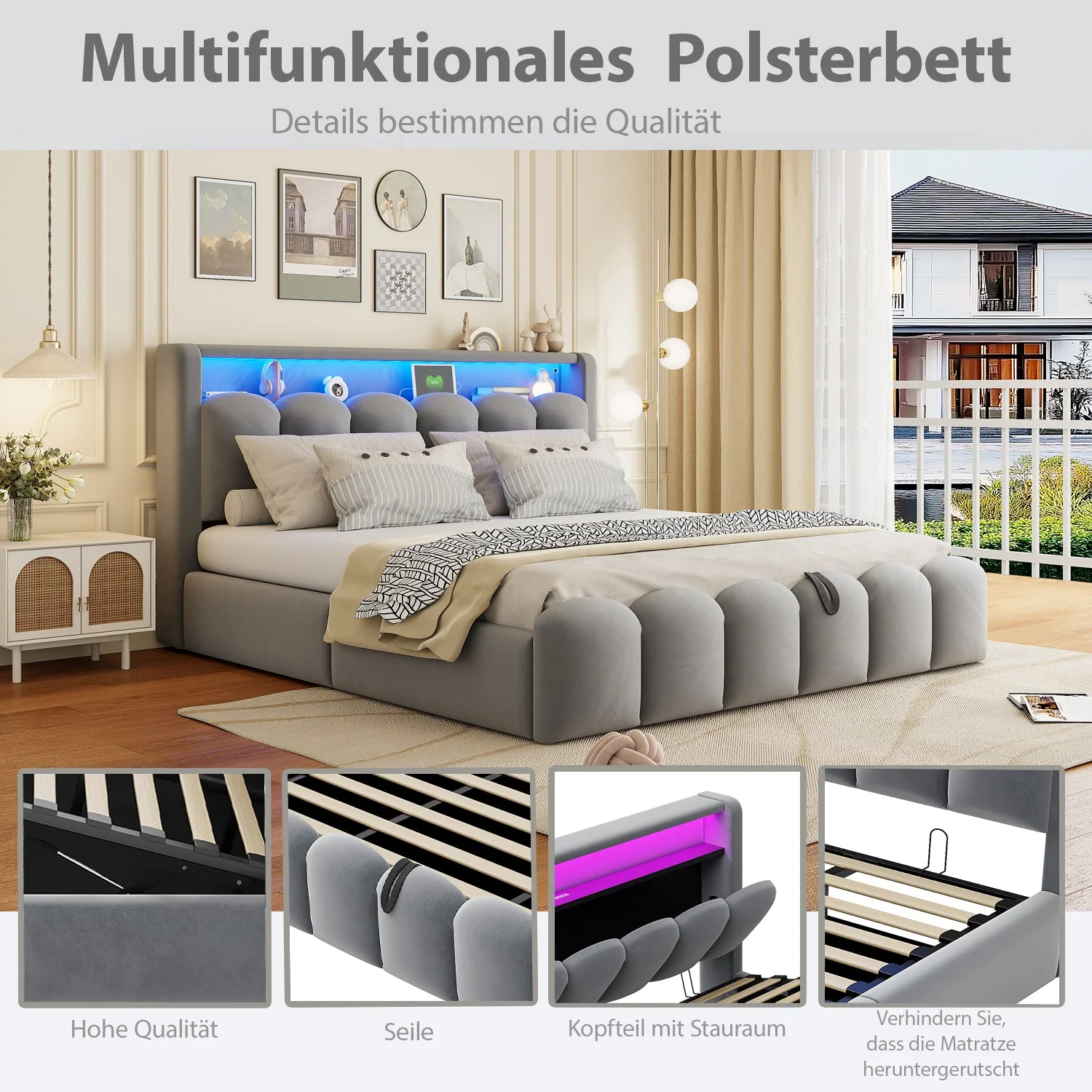 Upholstered Bed 180x200 Hydraulic Storage Headboard USB LED, Velvet Grey - Image 6