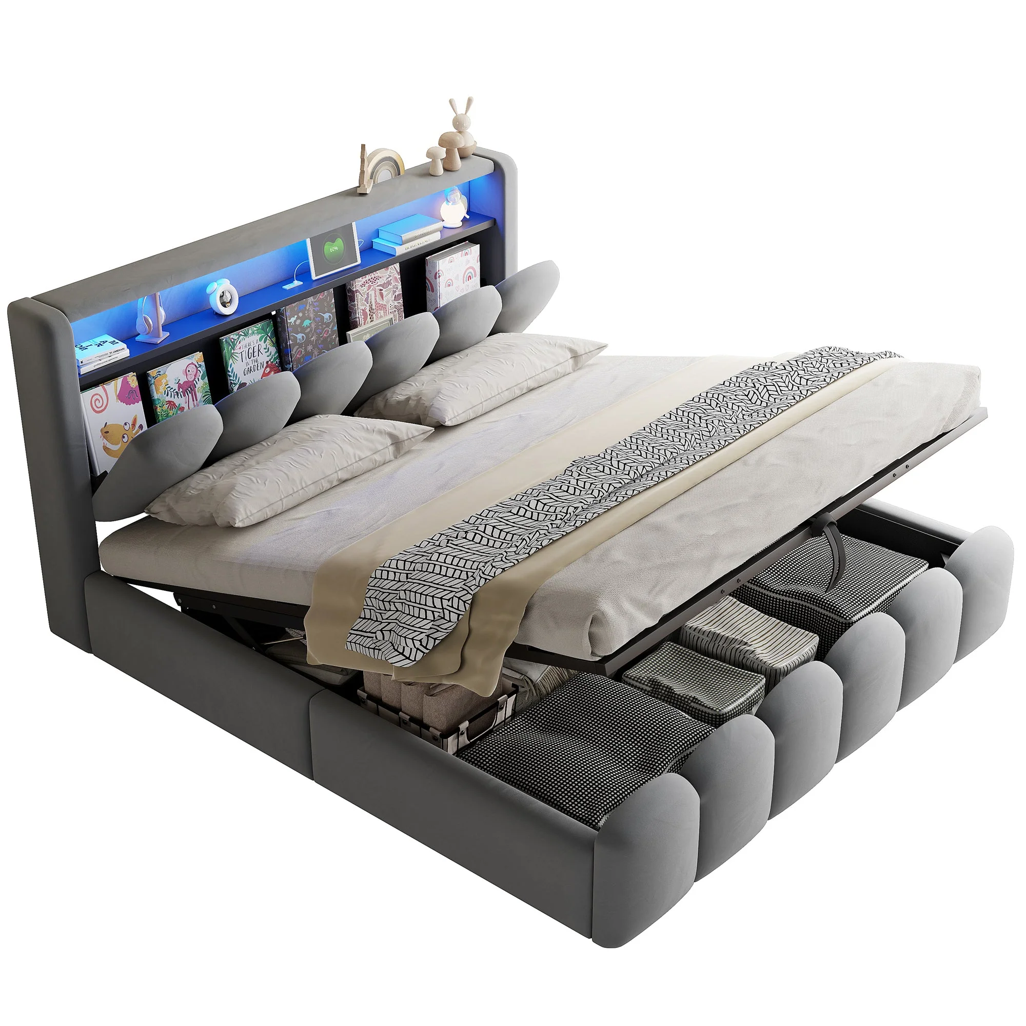 Upholstered Bed 180x200 Hydraulic Storage Headboard USB LED, Velvet Grey - Image 8