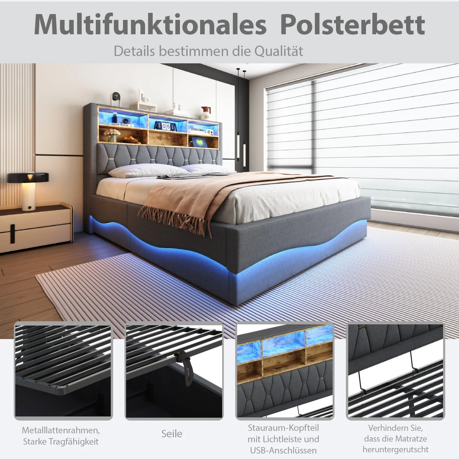 Upholstered Bed 180x200 Hydraulic Storage LED/USB Slatted Frame Linen Grey - Image 7