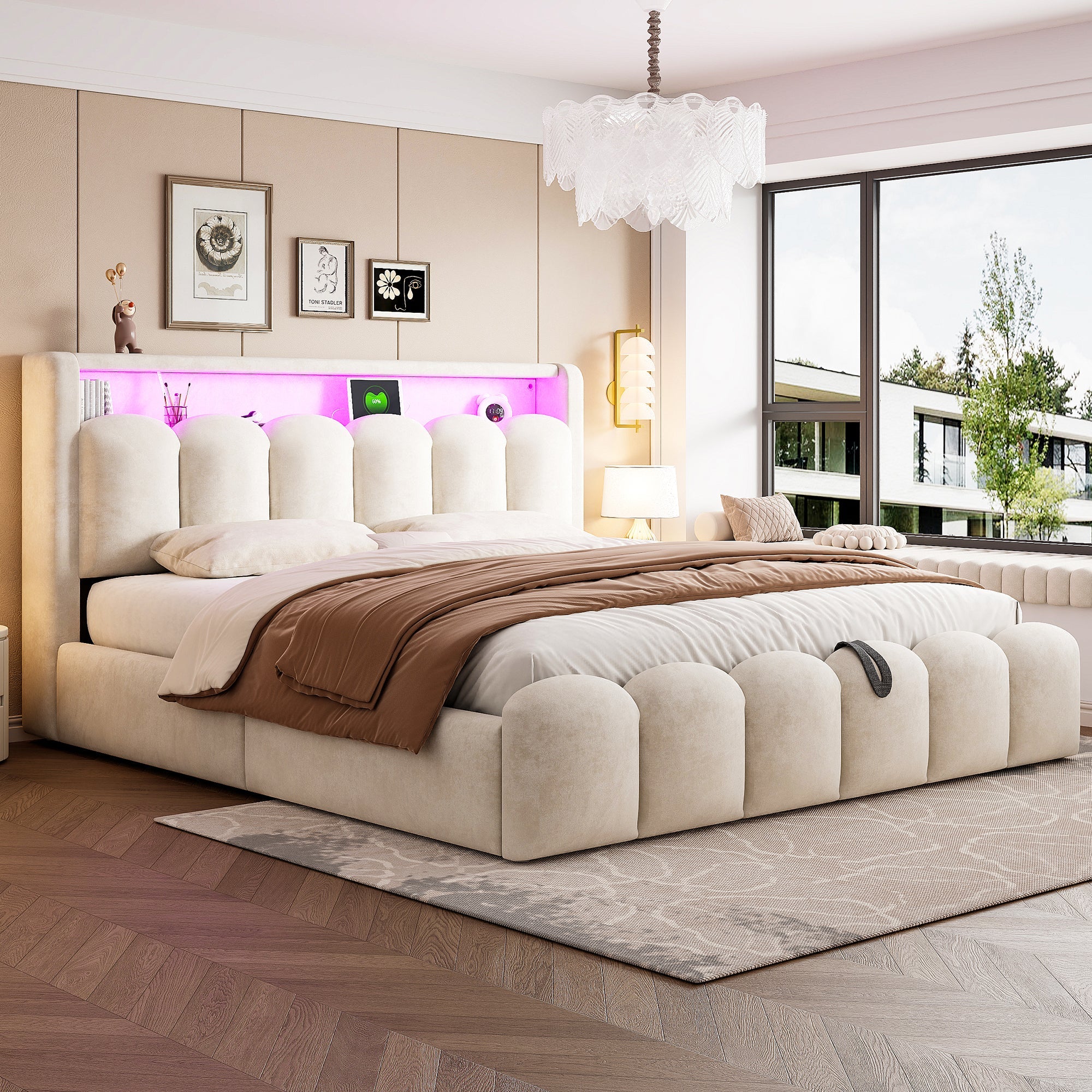 Upholstered Bed 180x200 Hydraulic Storage LED USB/Type-C Velvet Beige - Image 3