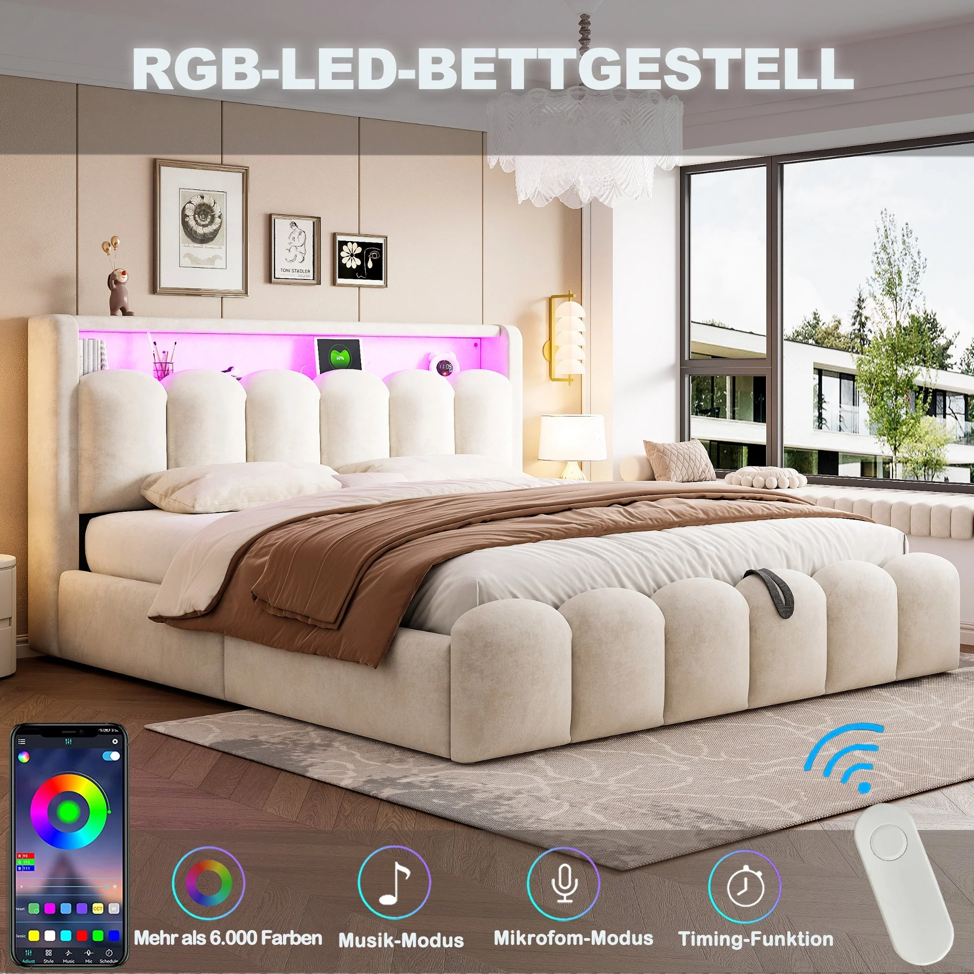 Upholstered Bed 180x200 Hydraulic Storage LED USB/Type-C Velvet Beige - Image 4