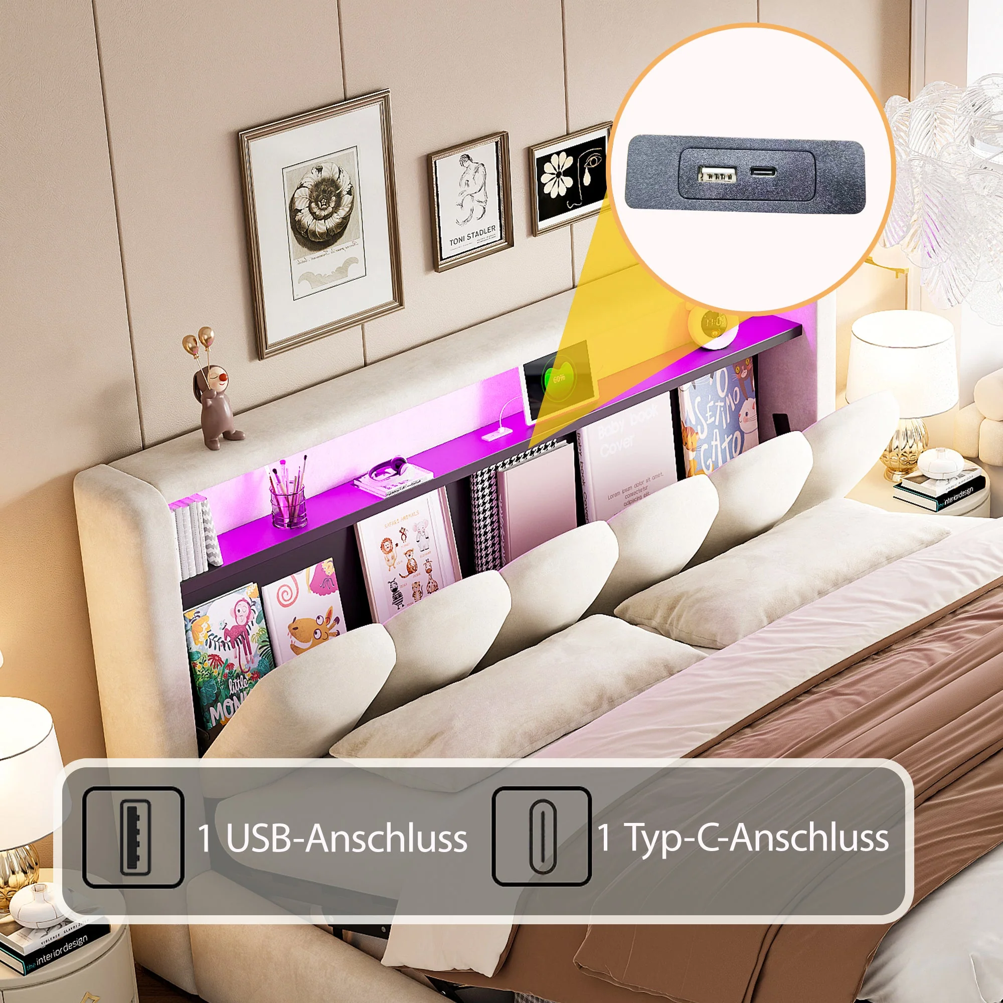 Upholstered Bed 180x200 Hydraulic Storage LED USB/Type-C Velvet Beige - Image 5