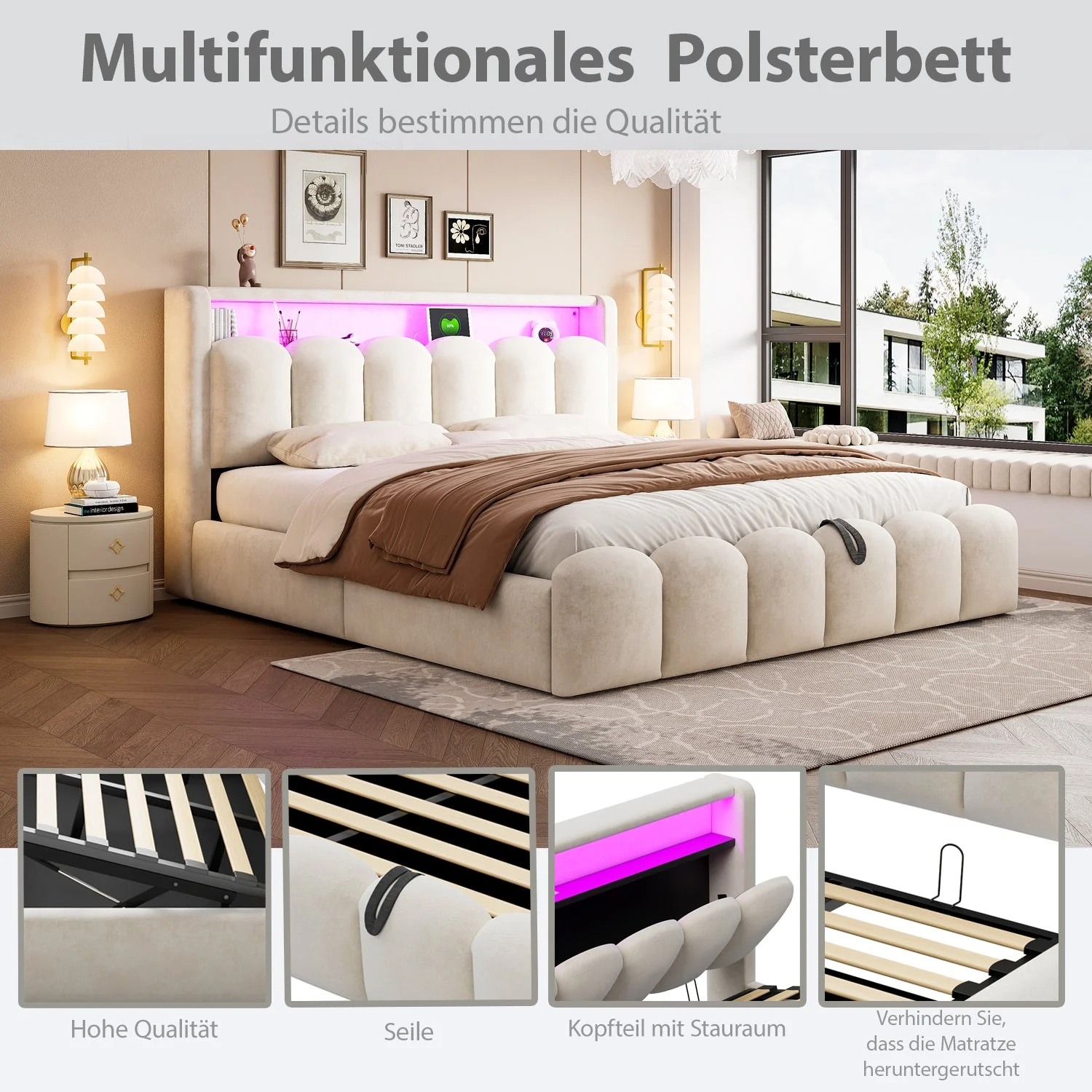 Upholstered Bed 180x200 Hydraulic Storage LED USB/Type-C Velvet Beige - Image 6