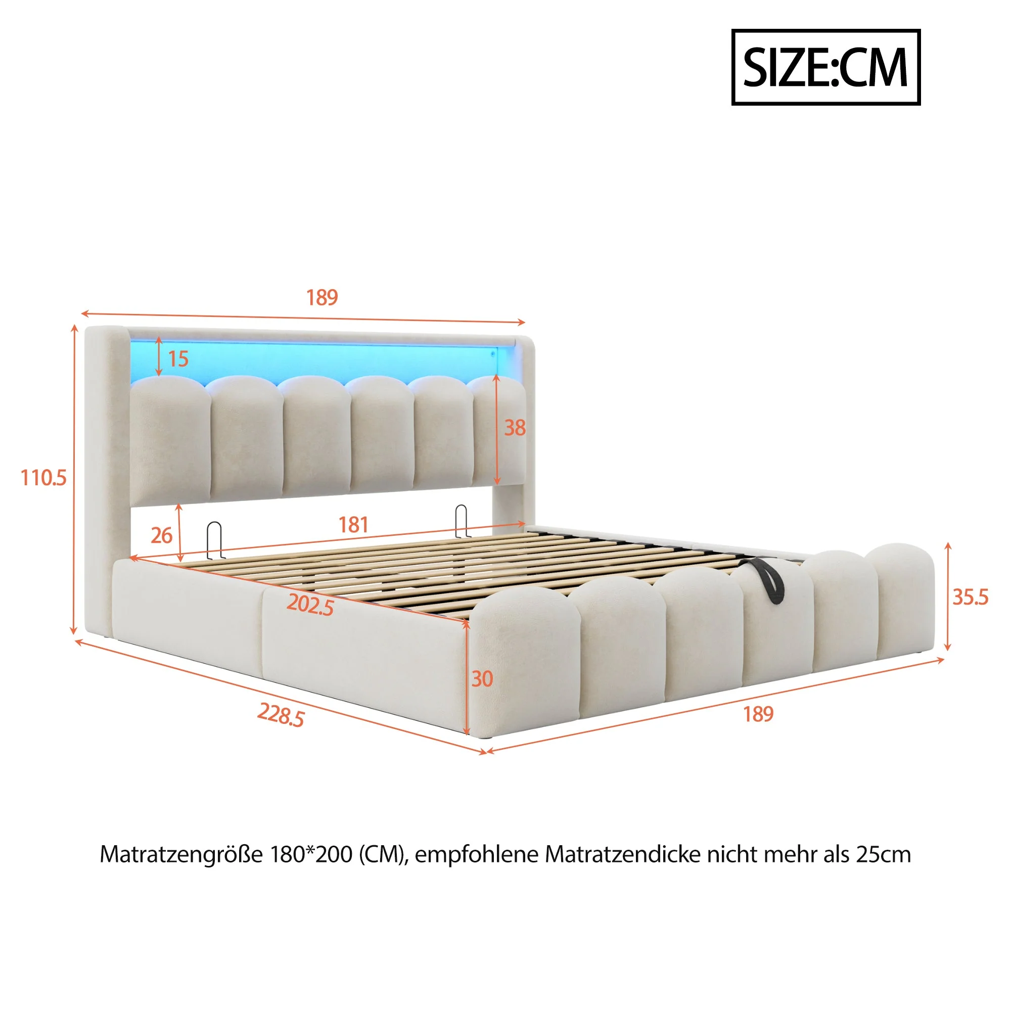 Upholstered Bed 180x200 Hydraulic Storage LED USB/Type-C Velvet Beige - Image 7