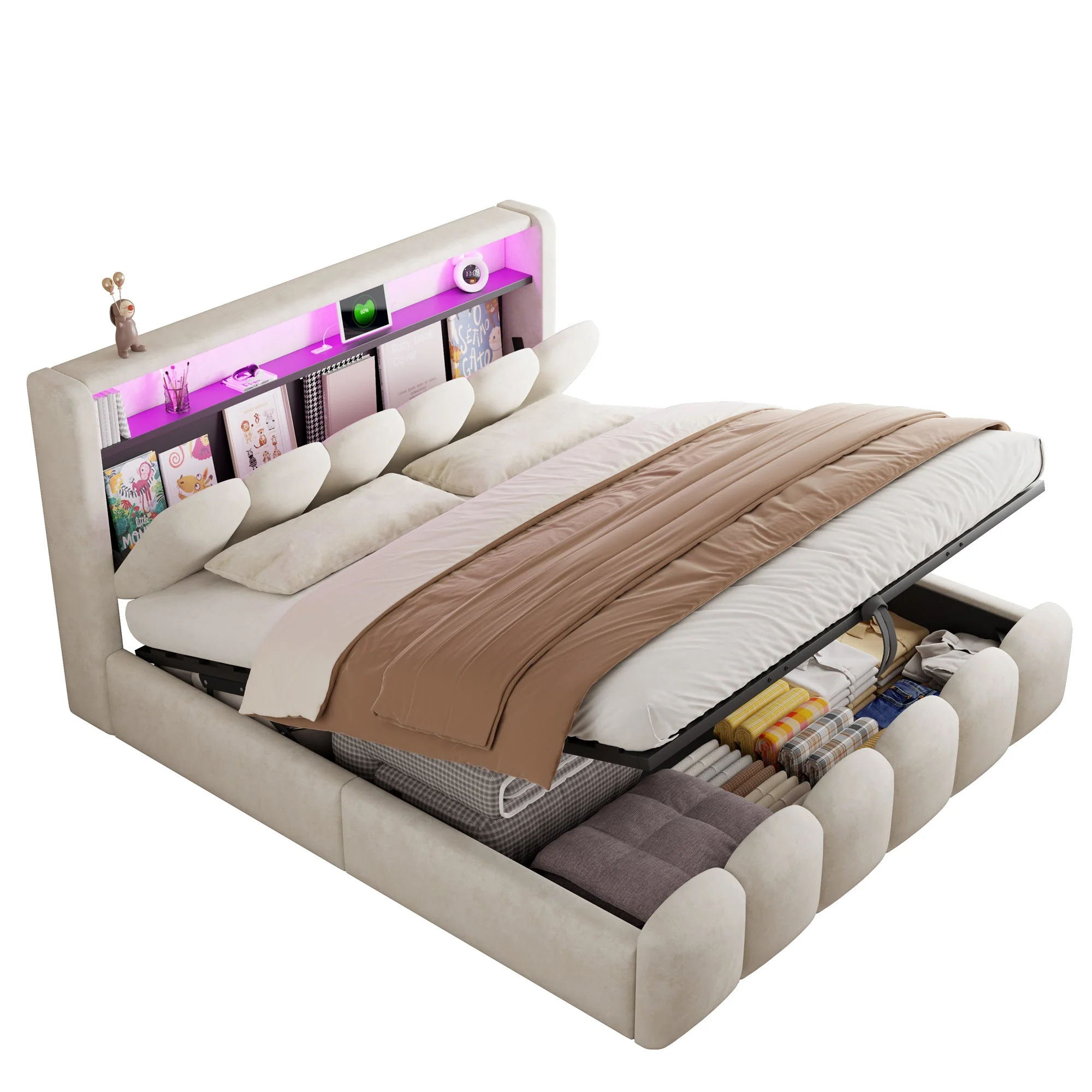 Upholstered Bed 180x200 Hydraulic Storage LED USB/Type-C Velvet Beige - Image 8