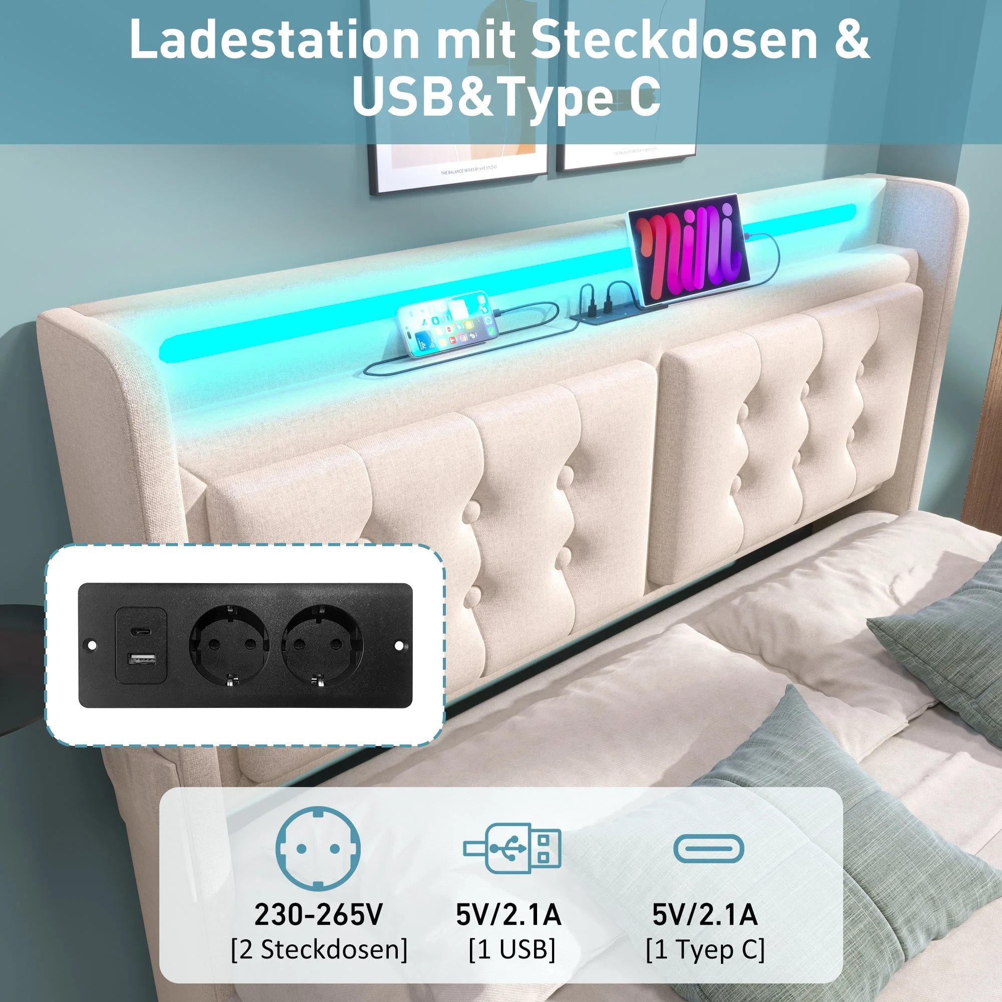 Upholstered Bed 180x200, LED Headboard with USB-C, 4 Drawers, Beige Cotton - Image 5