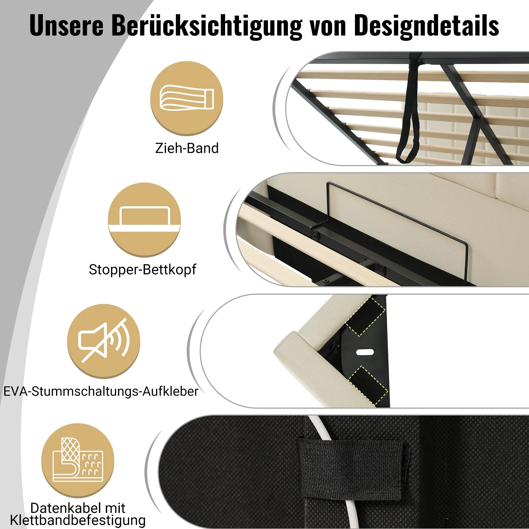 Upholstered Bed 180x200 Storage LED/USB-C, Linen Beige - Image 5
