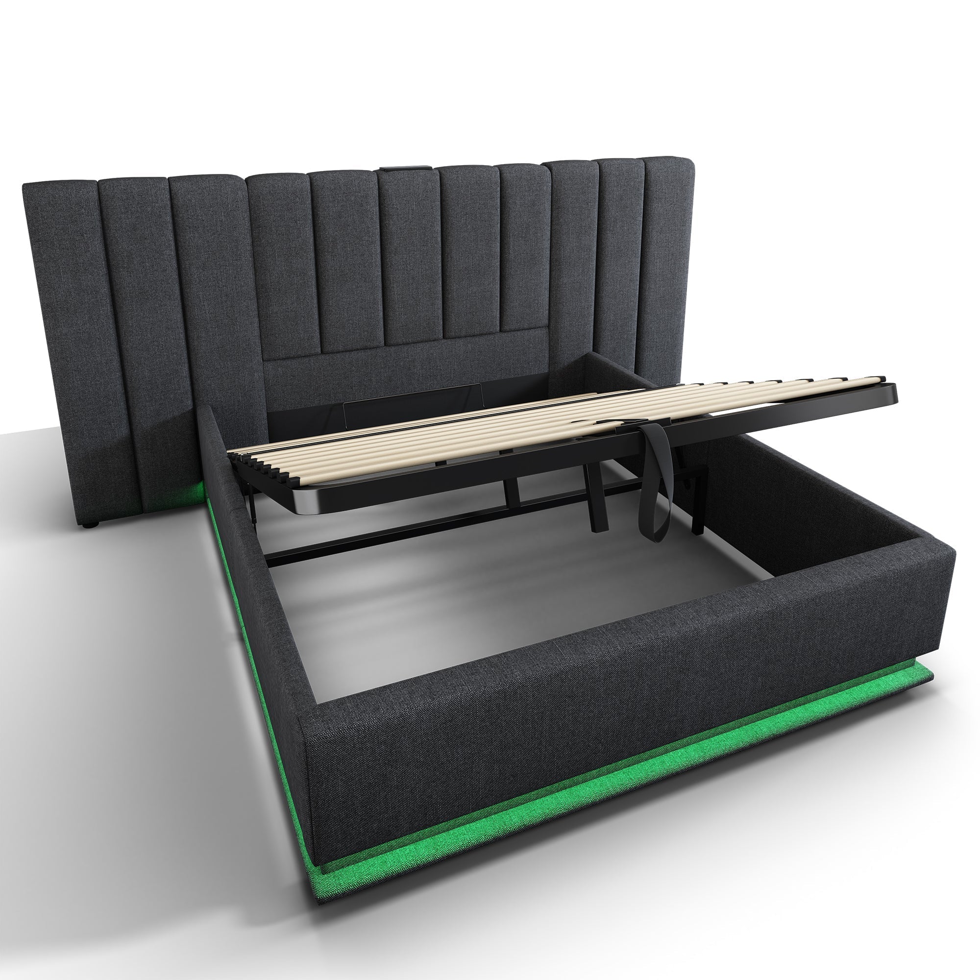 Upholstered Bed 180x200 Storage LED/USB-C Slatted Base, Linen Grey - Image 4