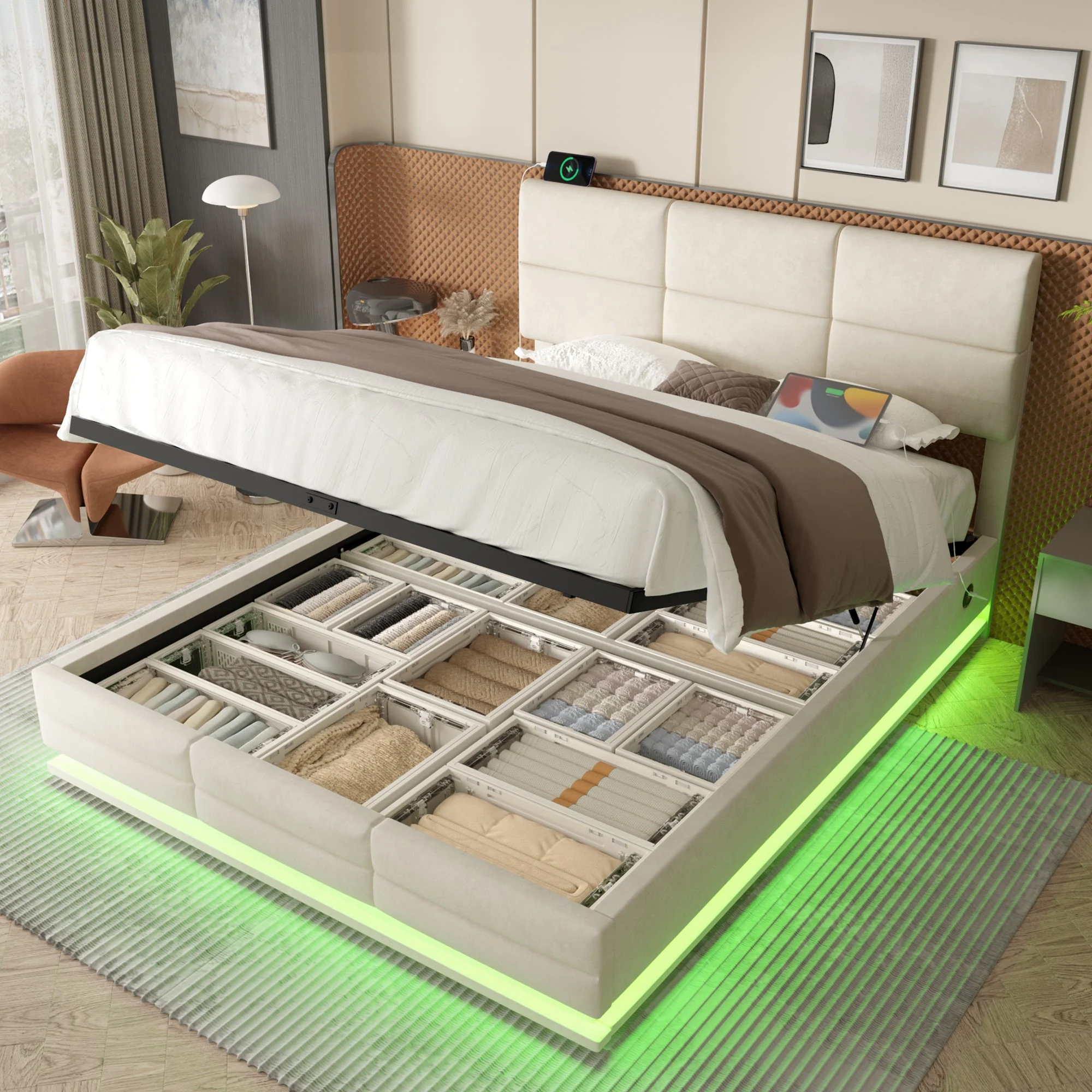 Upholstered Bed 180x200cm, Adjustable Headboard USB/LED Hydraulic Lift Storage, Velour Beige