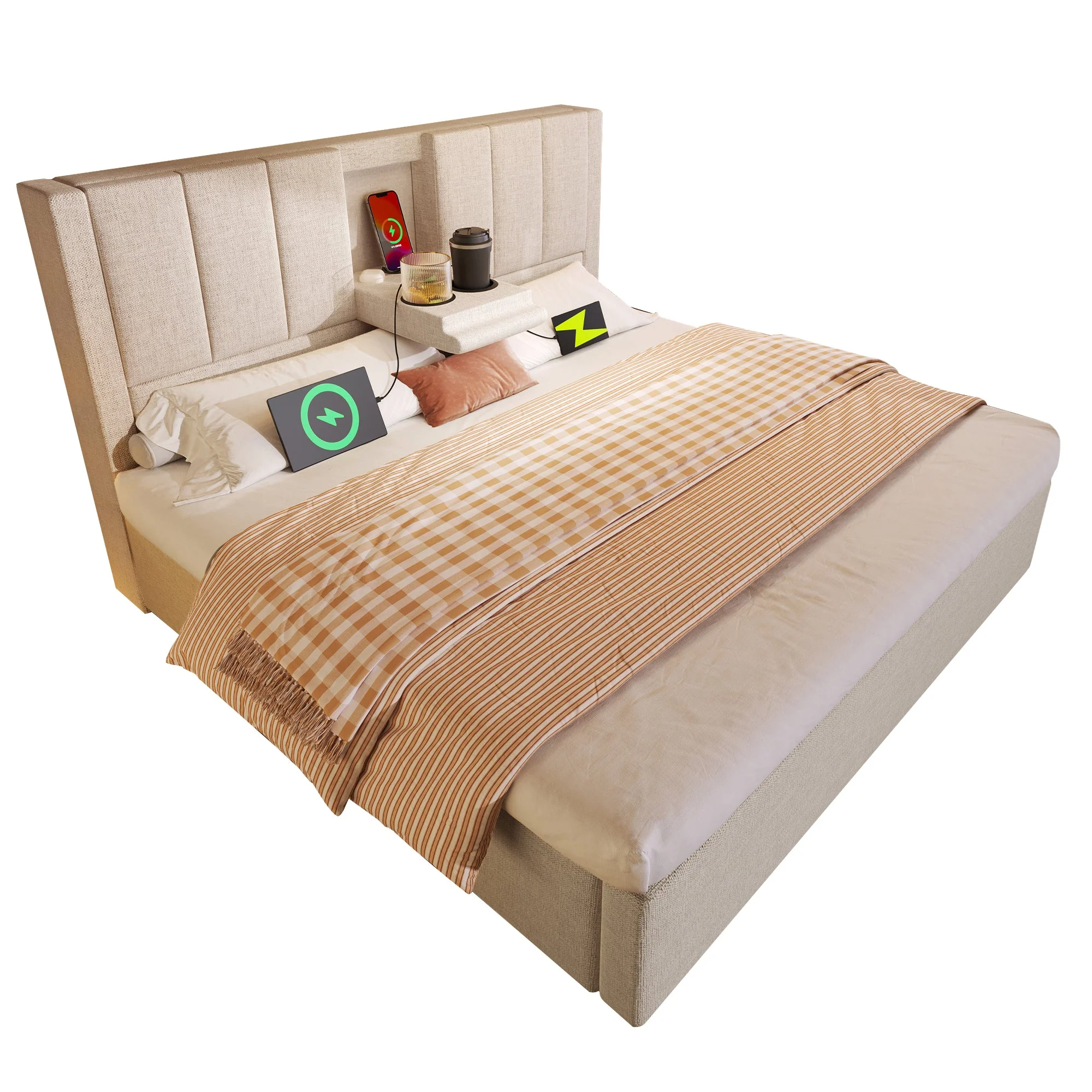 Upholstered Bed 180x200cm Double Bed, Storage, Hidden Cup Holder & Charging Station, Beige Linen - Image 7