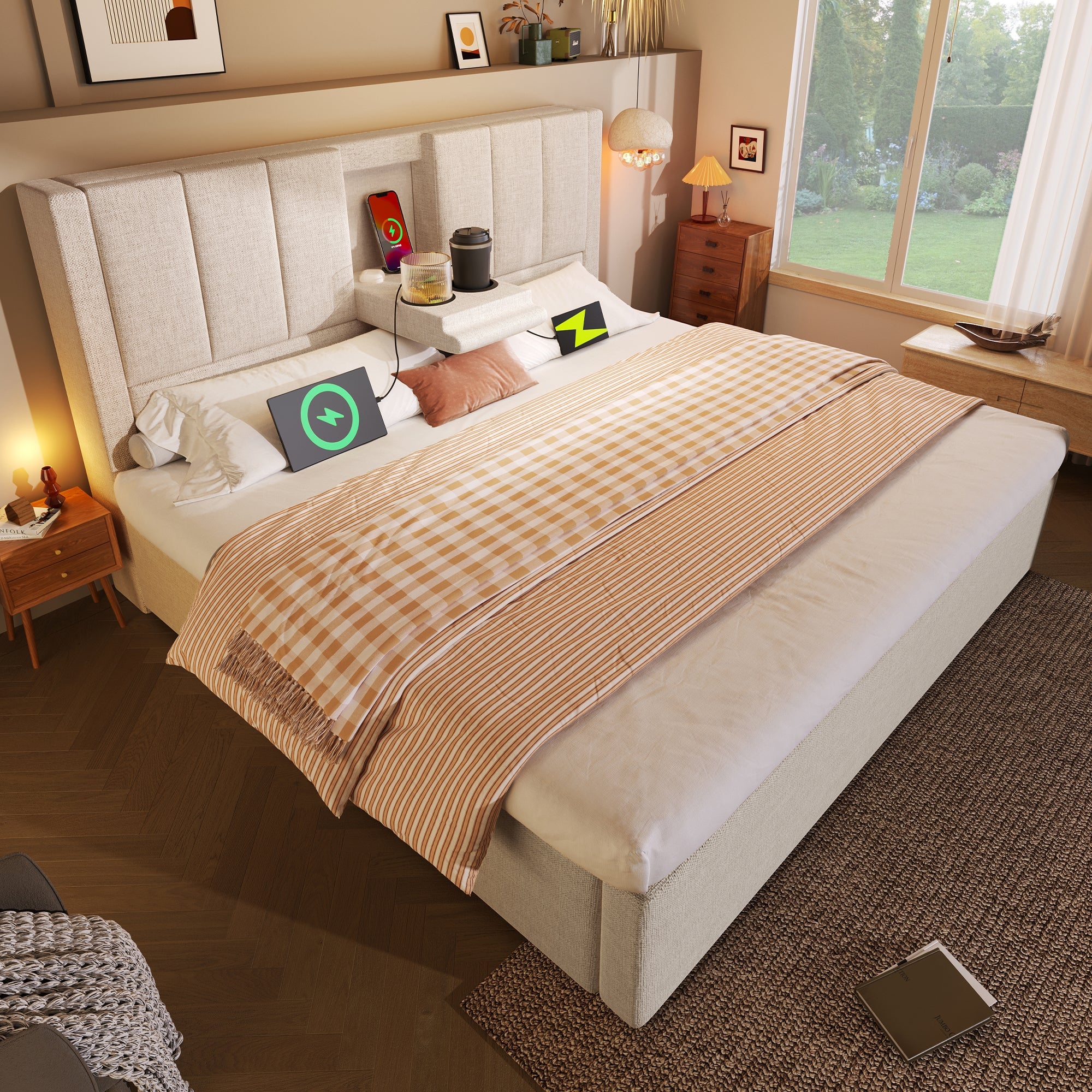 Upholstered Bed 180x200cm Double Bed, Storage, Hidden Cup Holder & Charging Station, Beige Linen - Image 9