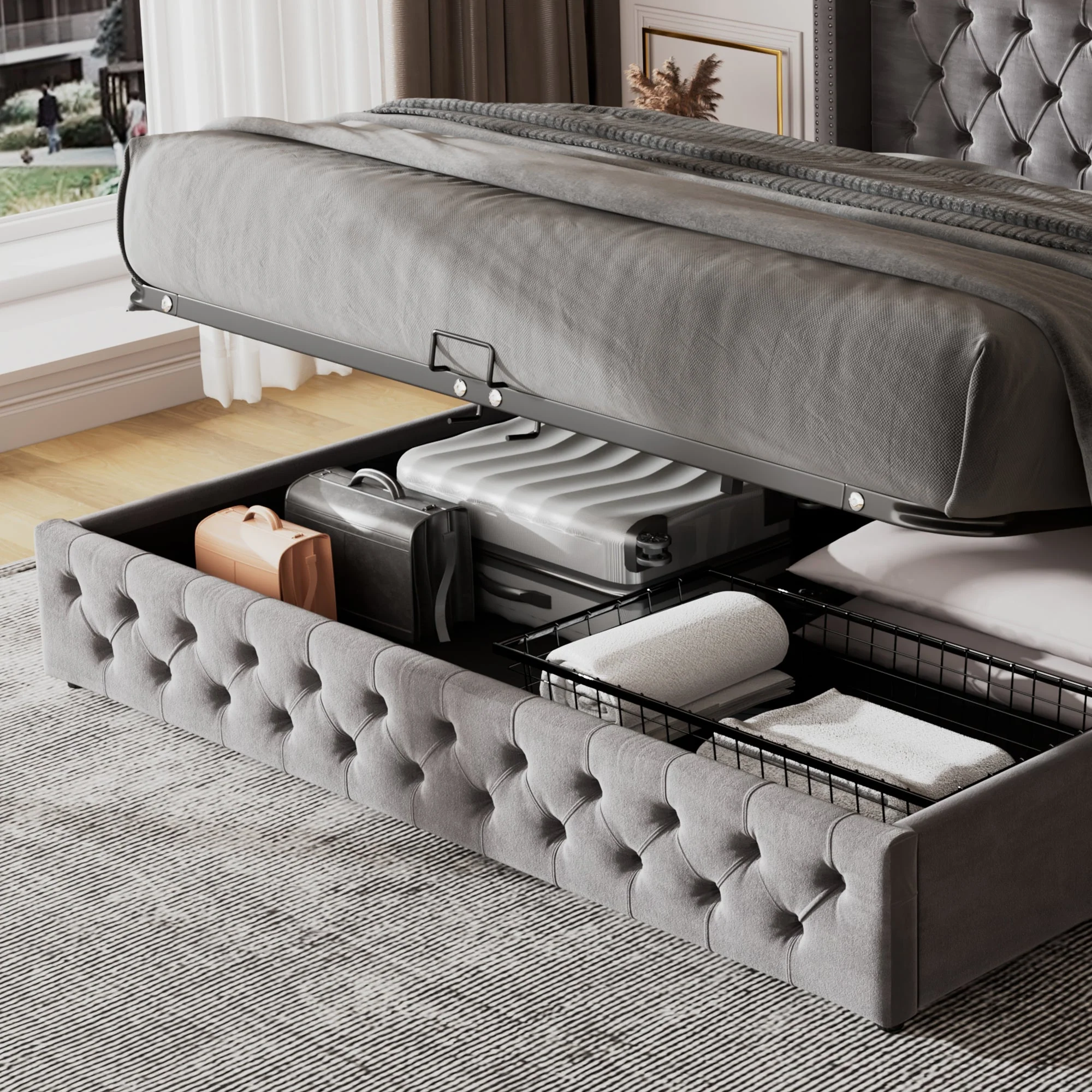 Upholstered Bed 180x200cm Double Hydraulic Lift Storage Ear-Shape Velvet Grey - Image 8