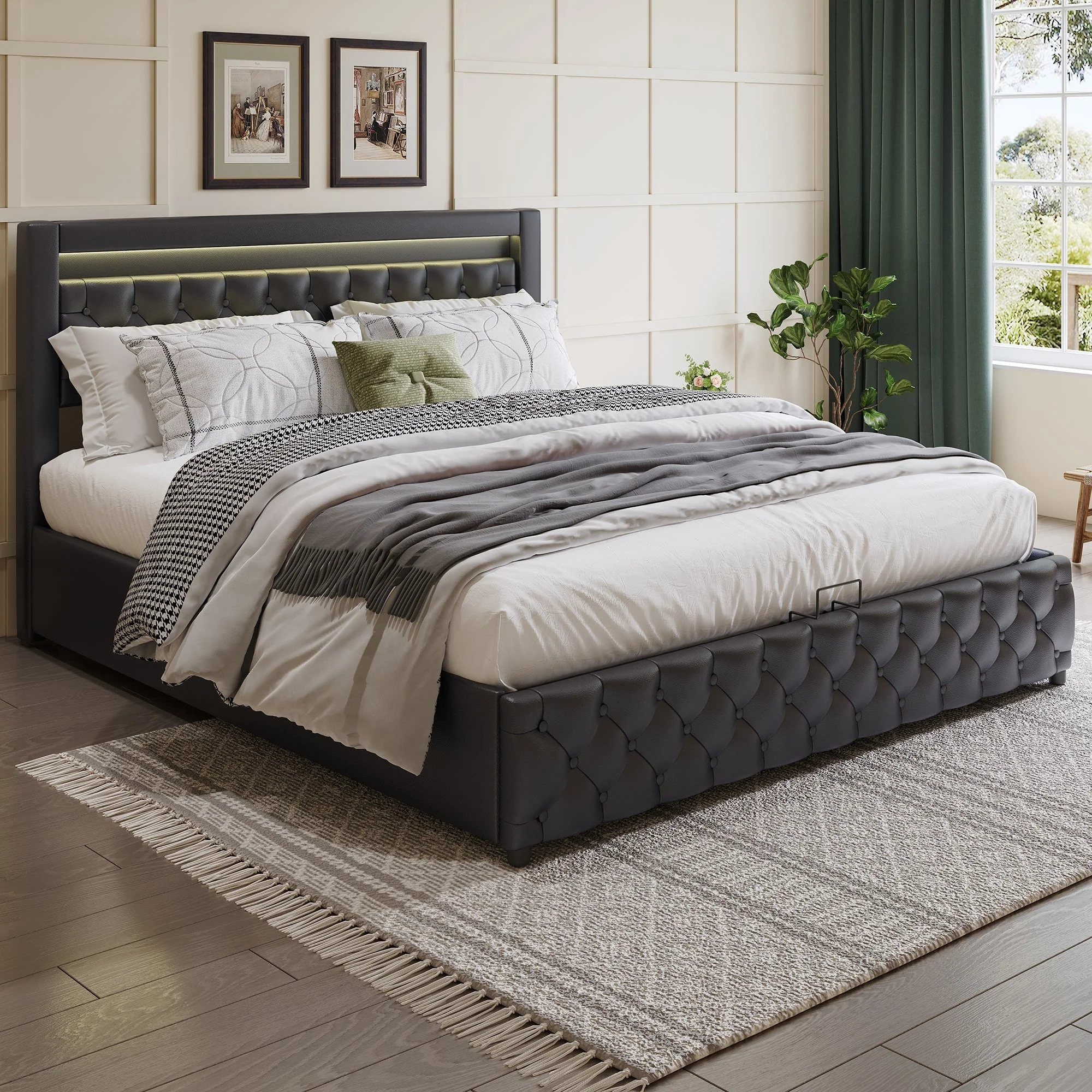 Upholstered Bed 180x200cm, Double Storage Bed with Drawers and LED Light Strip, Black PU - Image 2