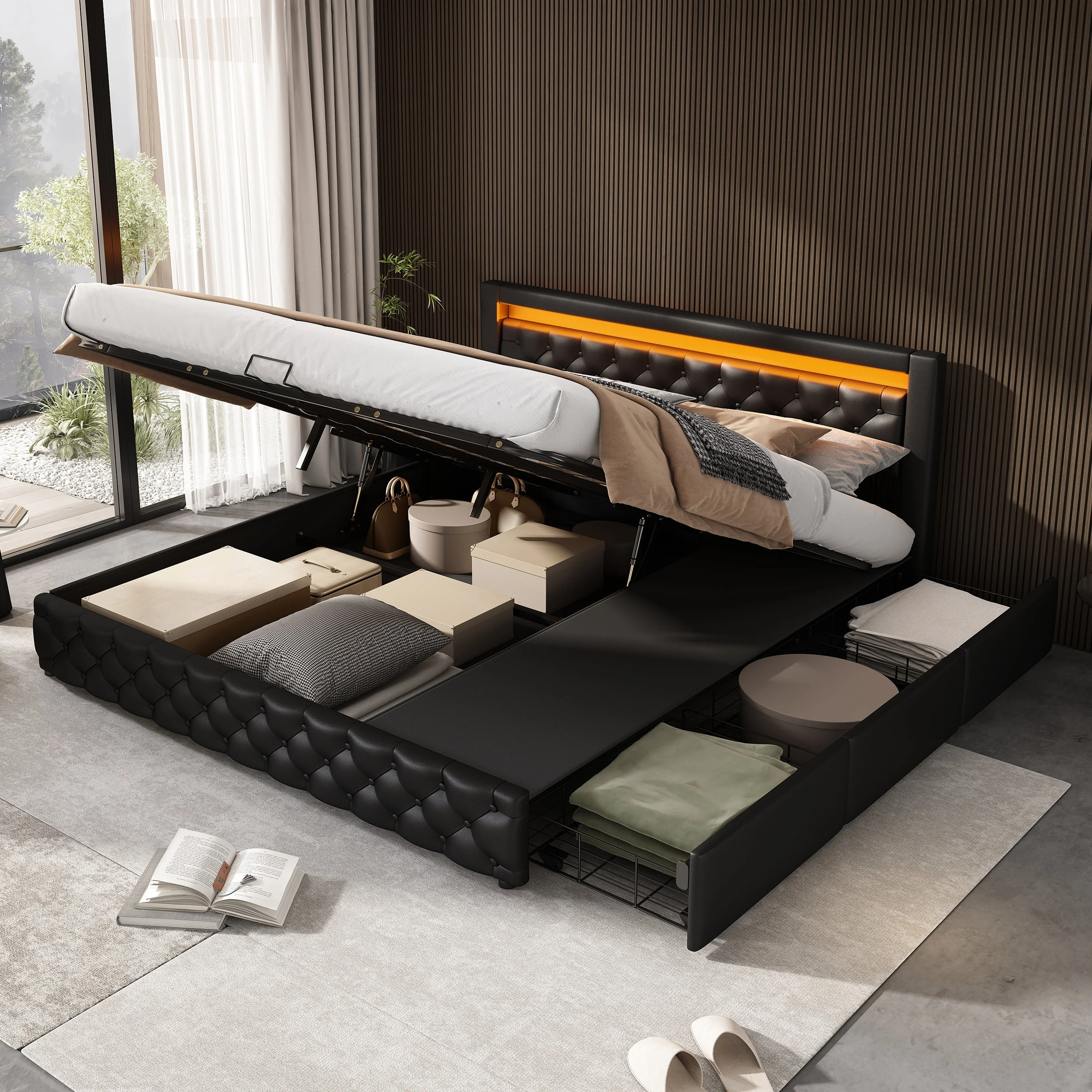 Upholstered Bed 180x200cm, Double Storage Bed with Drawers and LED Light Strip, Black PU - Image 3