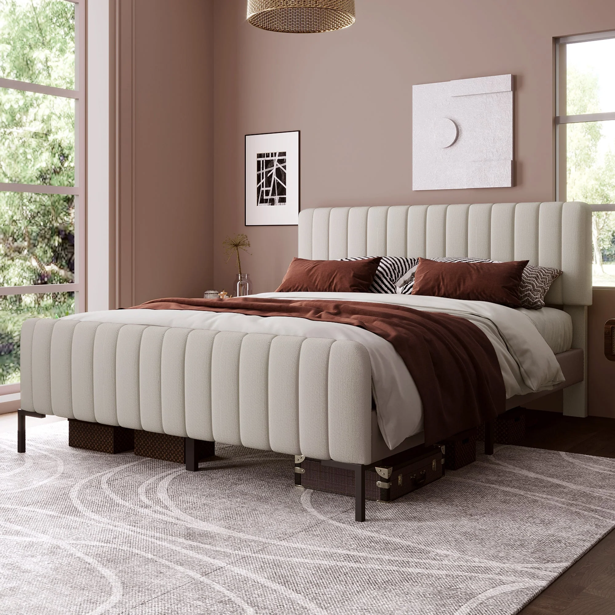 Upholstered Bed, 180x200cm Double with Adjustable Headboard, Grey-Beige Linen - Image 4