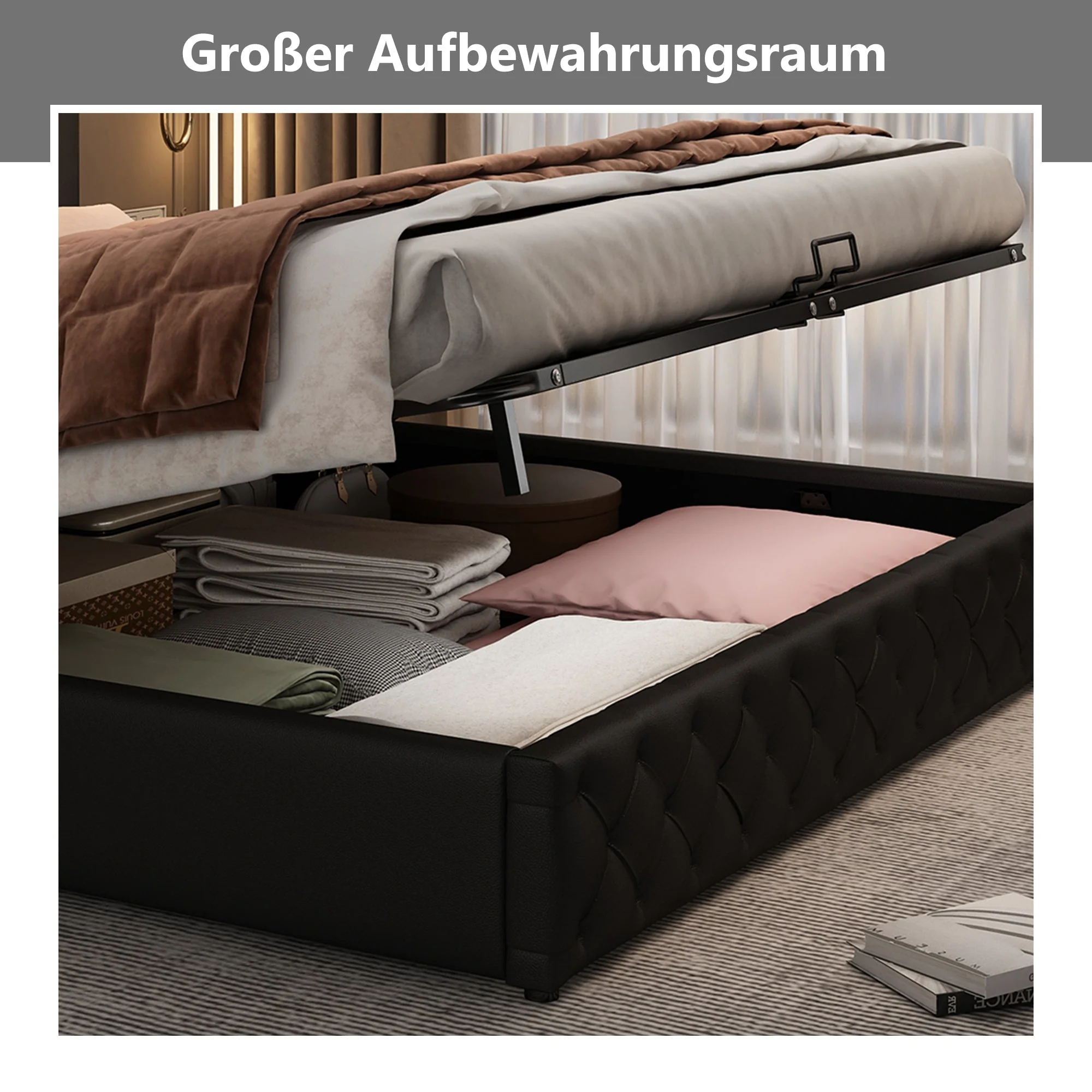 Upholstered Bed 180x200cm Functional Storage LED Slatted Frame - Black PU - Image 6