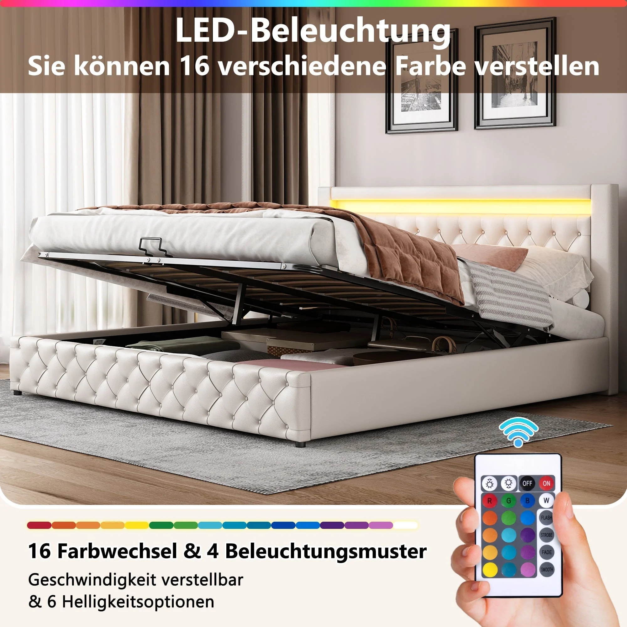 Upholstered Bed 180x200cm Functional Storage LED Slatted Frame - White PU - Image 2