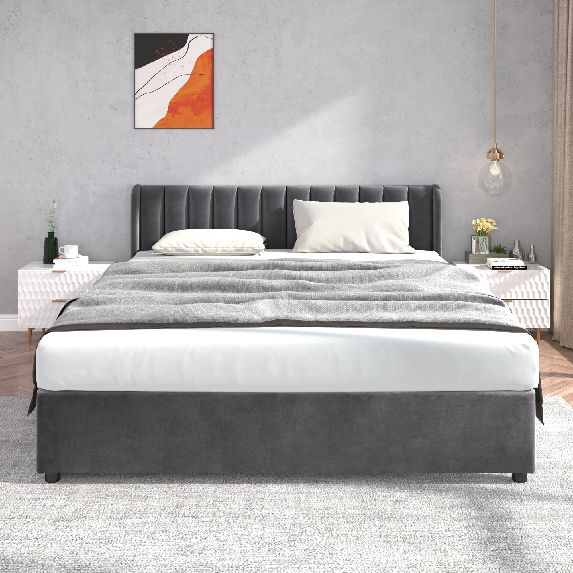 Upholstered Bed 180x200cm Headboard Slatted Base 2 Drawers - Velvet Grey - Image 2