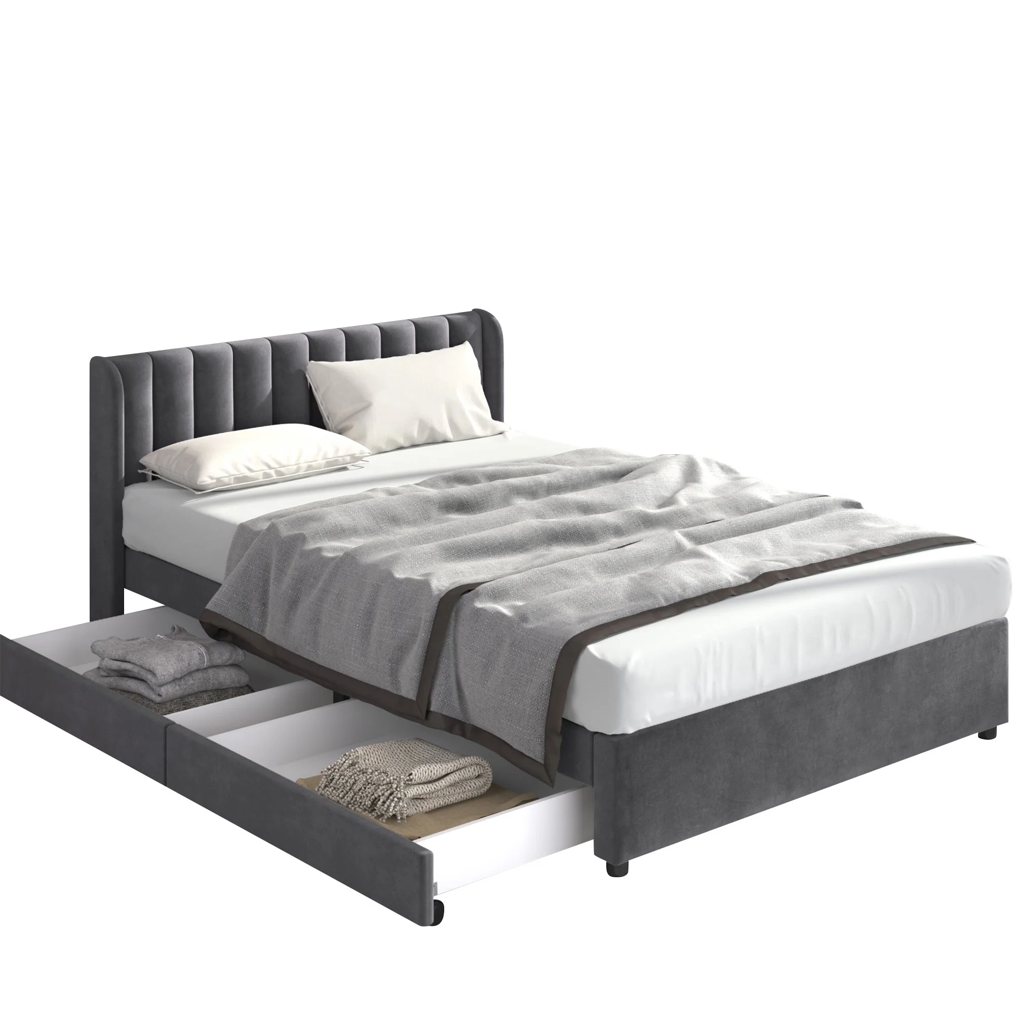 Upholstered Bed 180x200cm Headboard Slatted Base 2 Drawers - Velvet Grey - Image 6