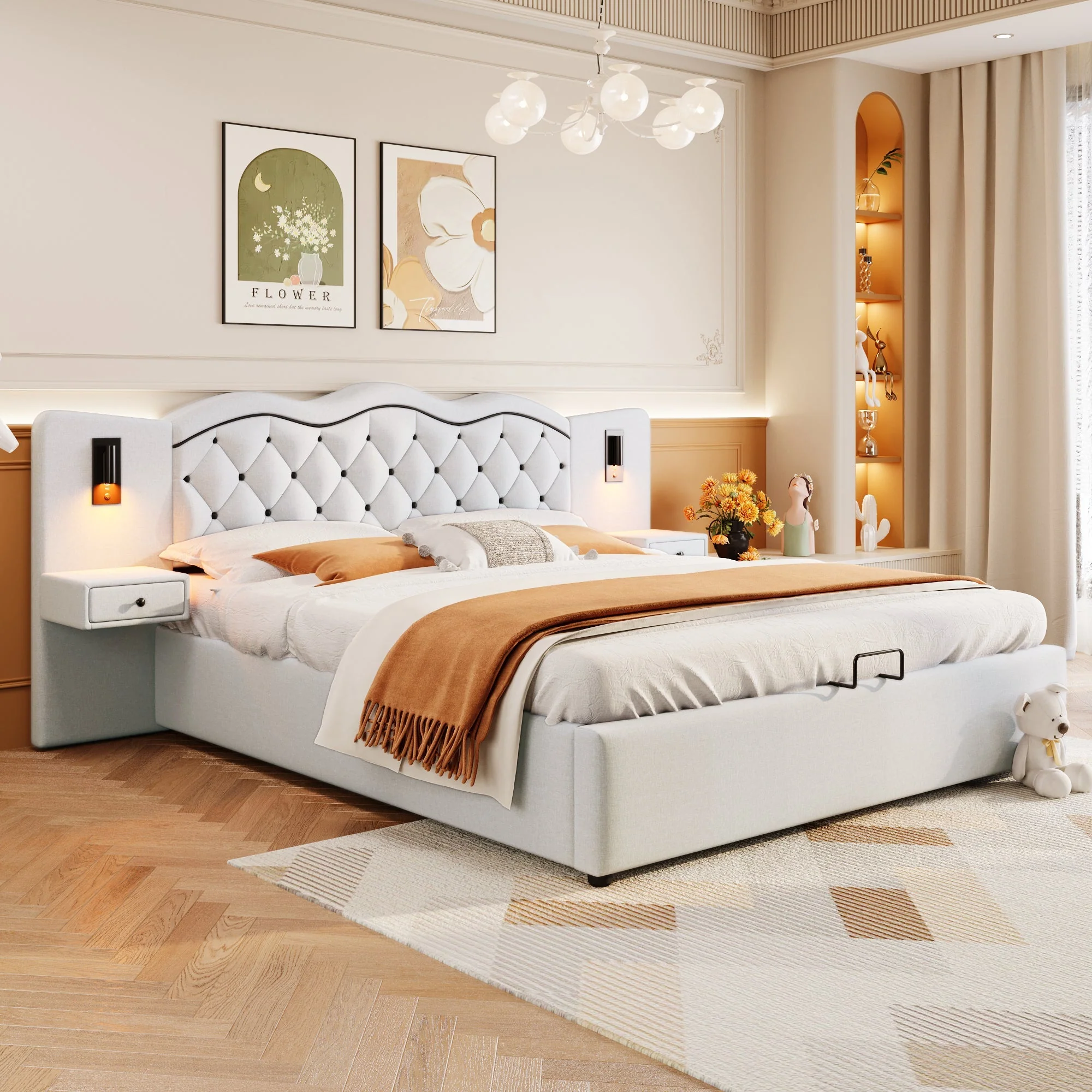 Upholstered Bed 180x200cm Hydraulic Lift Storage Headboard USB Lamps - Beige - Image 3
