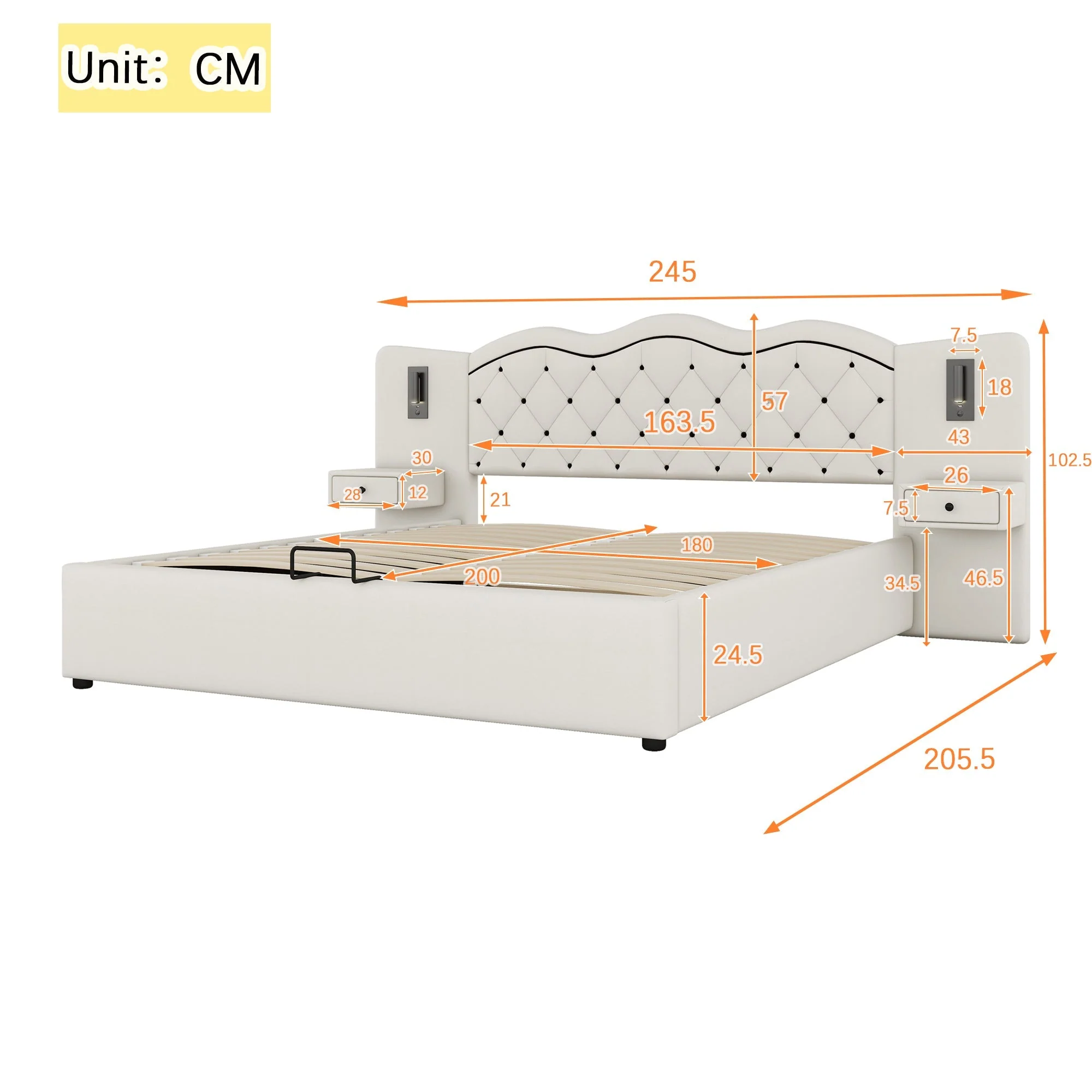Upholstered Bed 180x200cm Hydraulic Lift Storage Headboard USB Lamps - Beige - Image 7