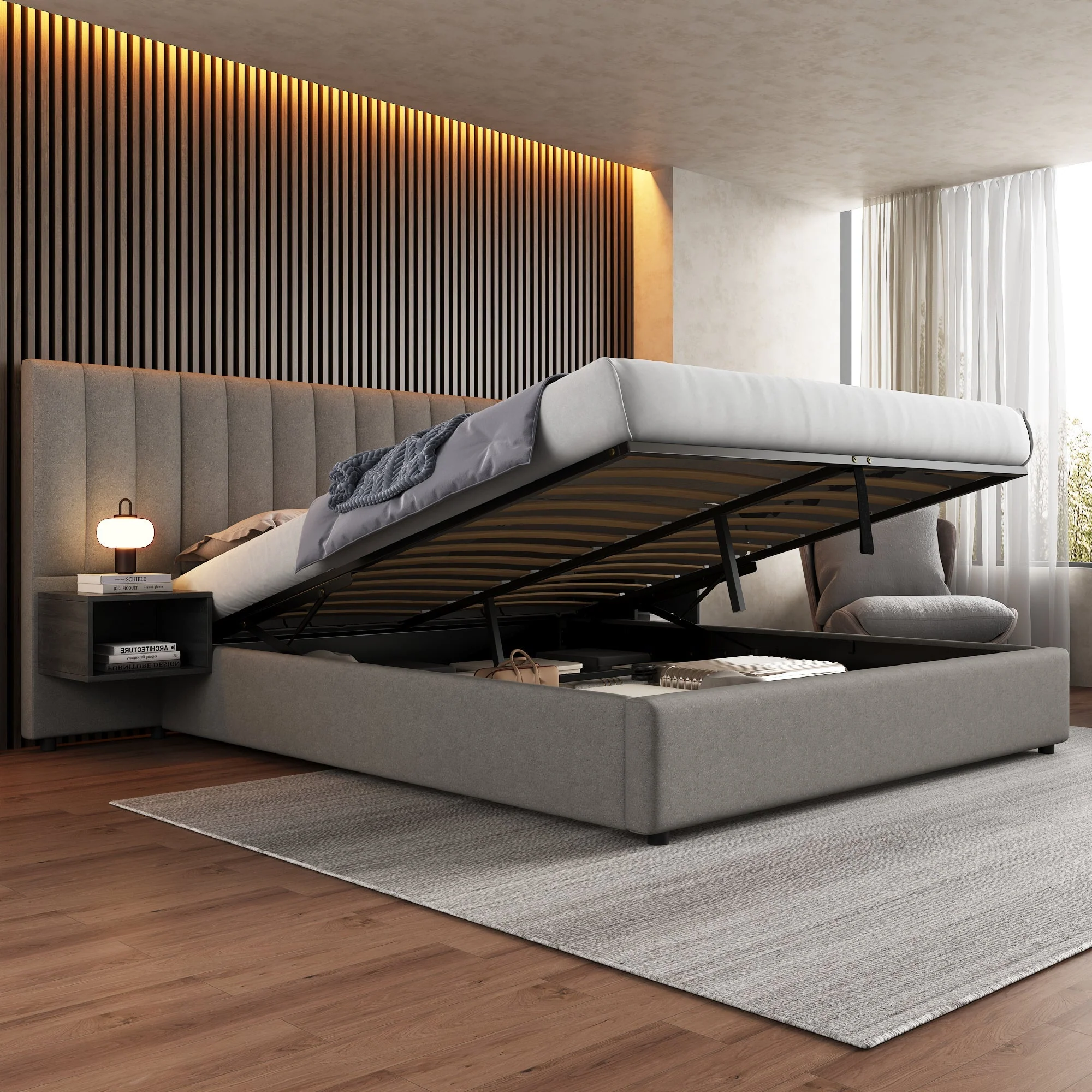 Upholstered Bed 180x200cm Hydraulic Storage 2 Bedside Tables - Linen Grey/Black