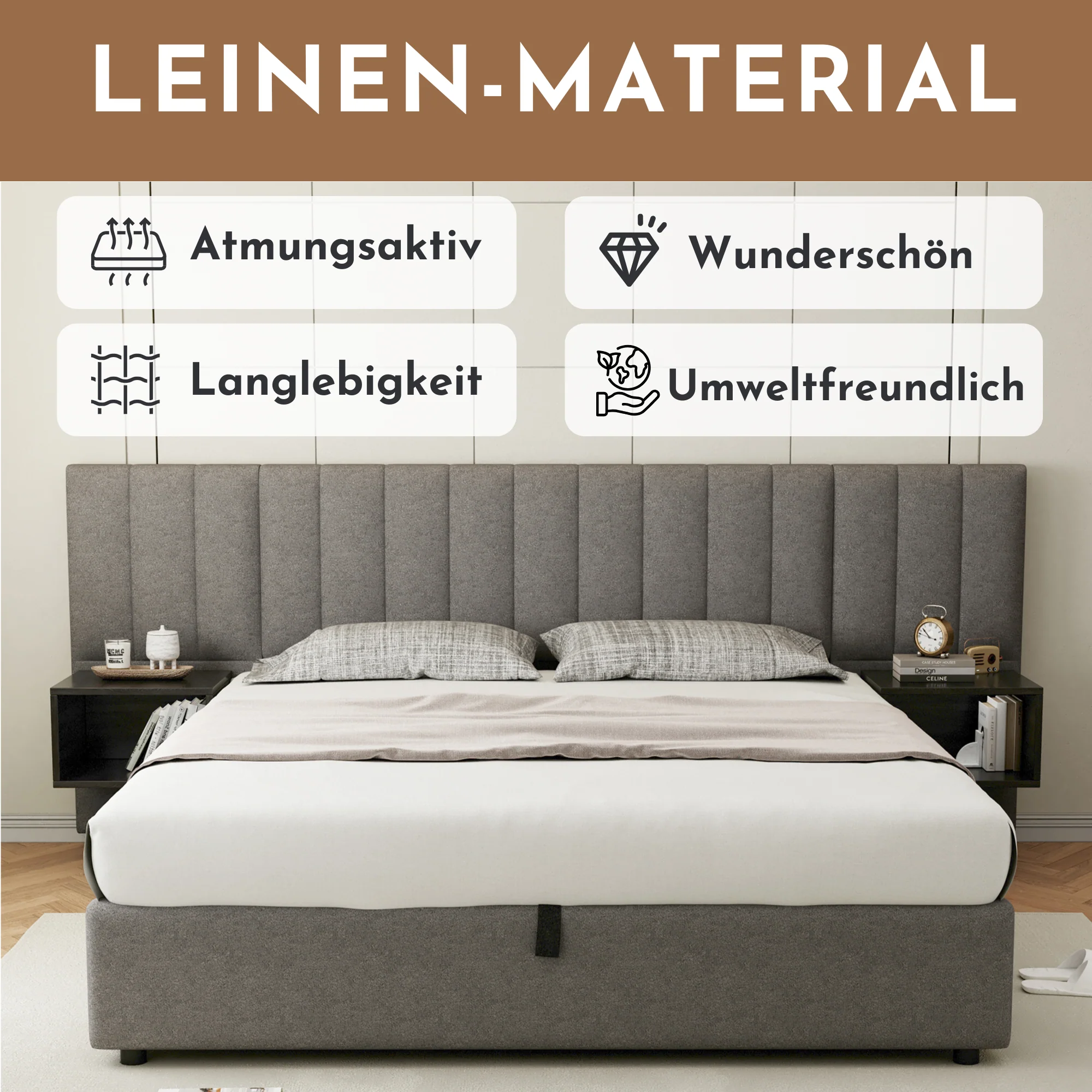 Upholstered Bed 180x200cm Hydraulic Storage 2 Bedside Tables - Linen Grey/Black - Image 6