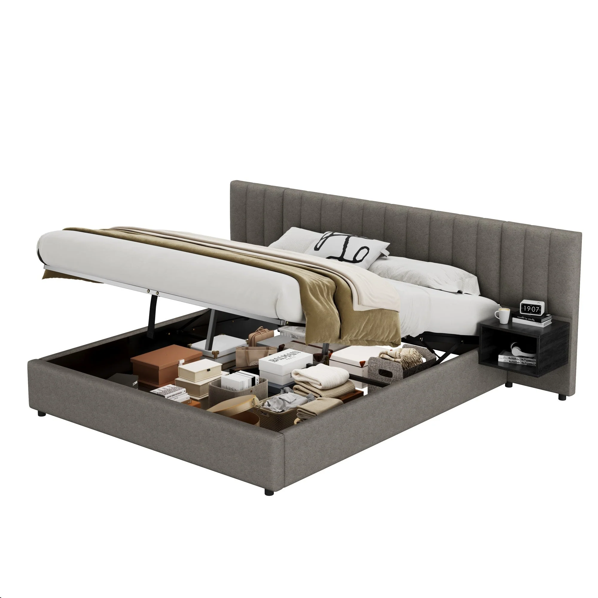 Upholstered Bed 180x200cm Hydraulic Storage 2 Bedside Tables - Linen Grey/Black - Image 8