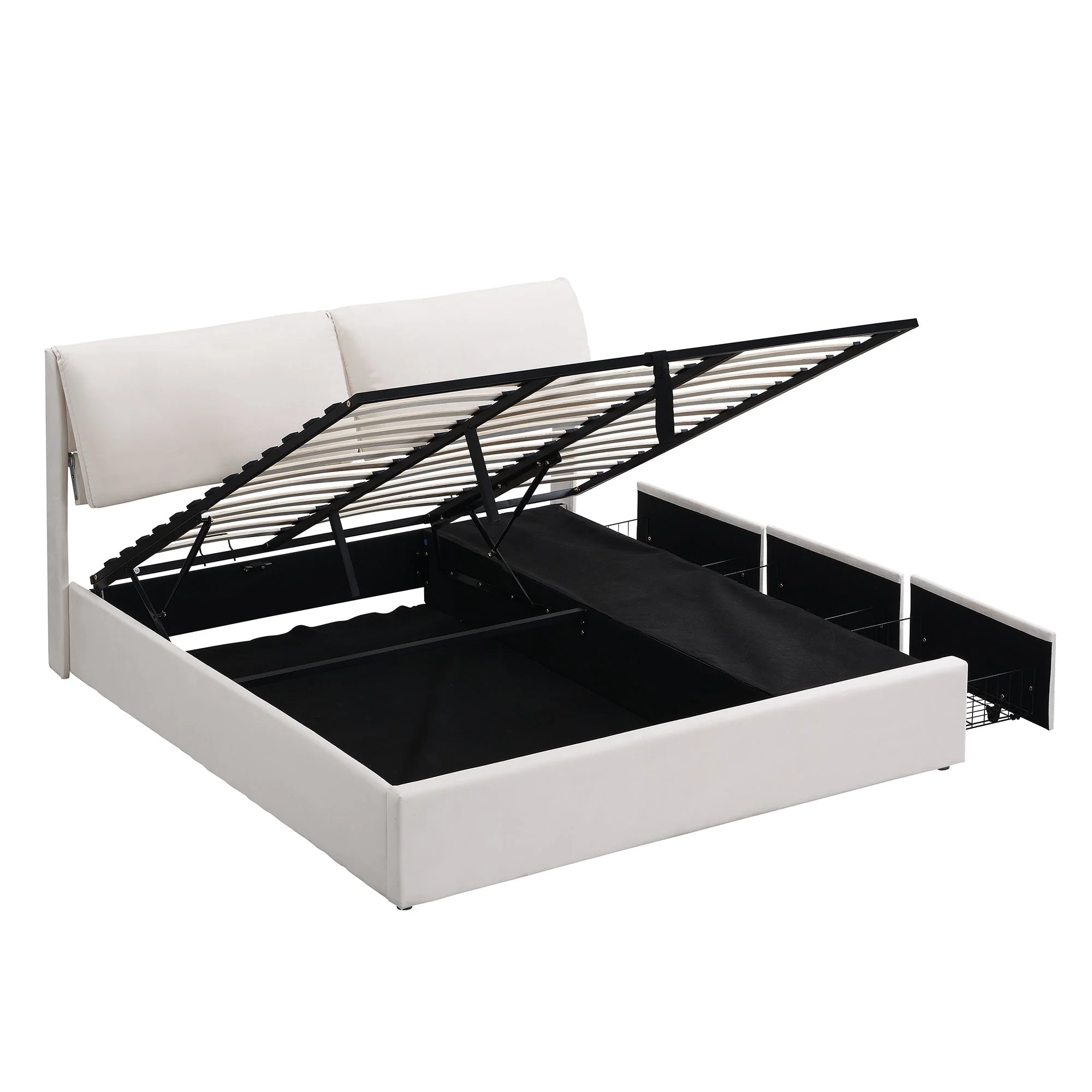 Upholstered Bed 180x200cm Hydraulic Storage 3 Drawers - Velvet Beige - Image 10