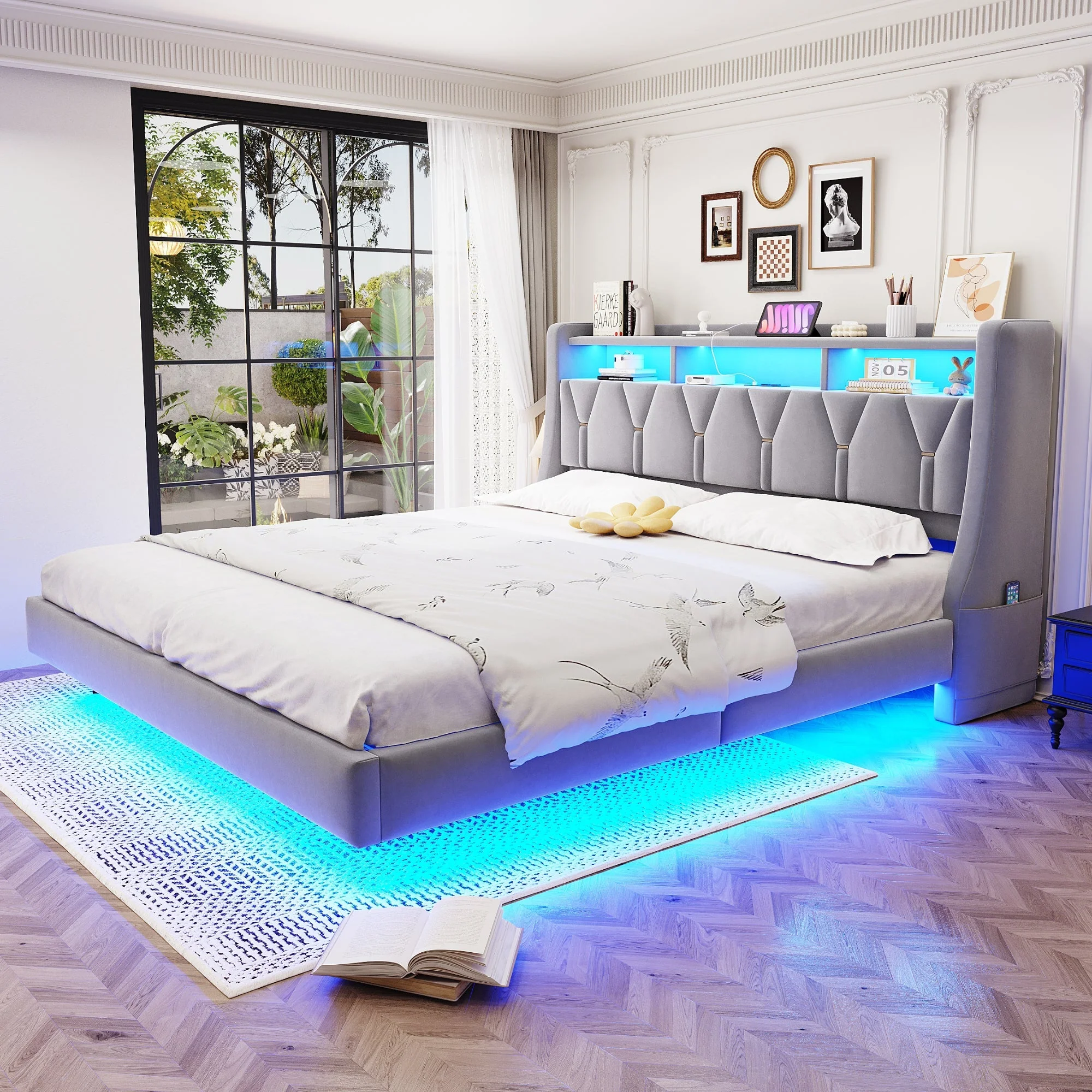 Upholstered Bed 180x200cm Hydraulic Storage Headboard with LED Socket Floating Design Light Grey Velvet - Image 2