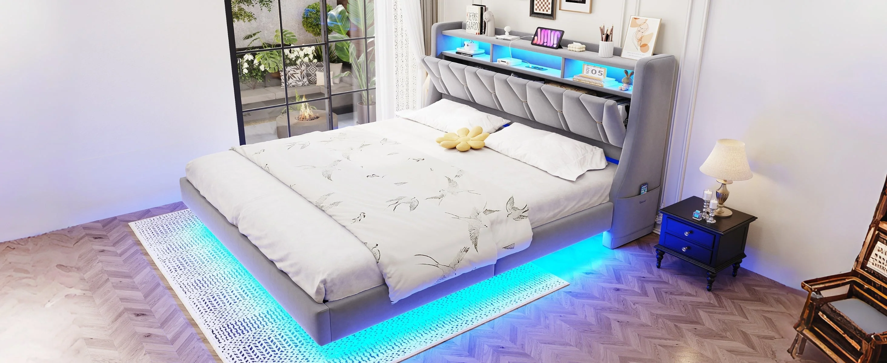 Upholstered Bed 180x200cm Hydraulic Storage Headboard with LED Socket Floating Design Light Grey Velvet - Image 7