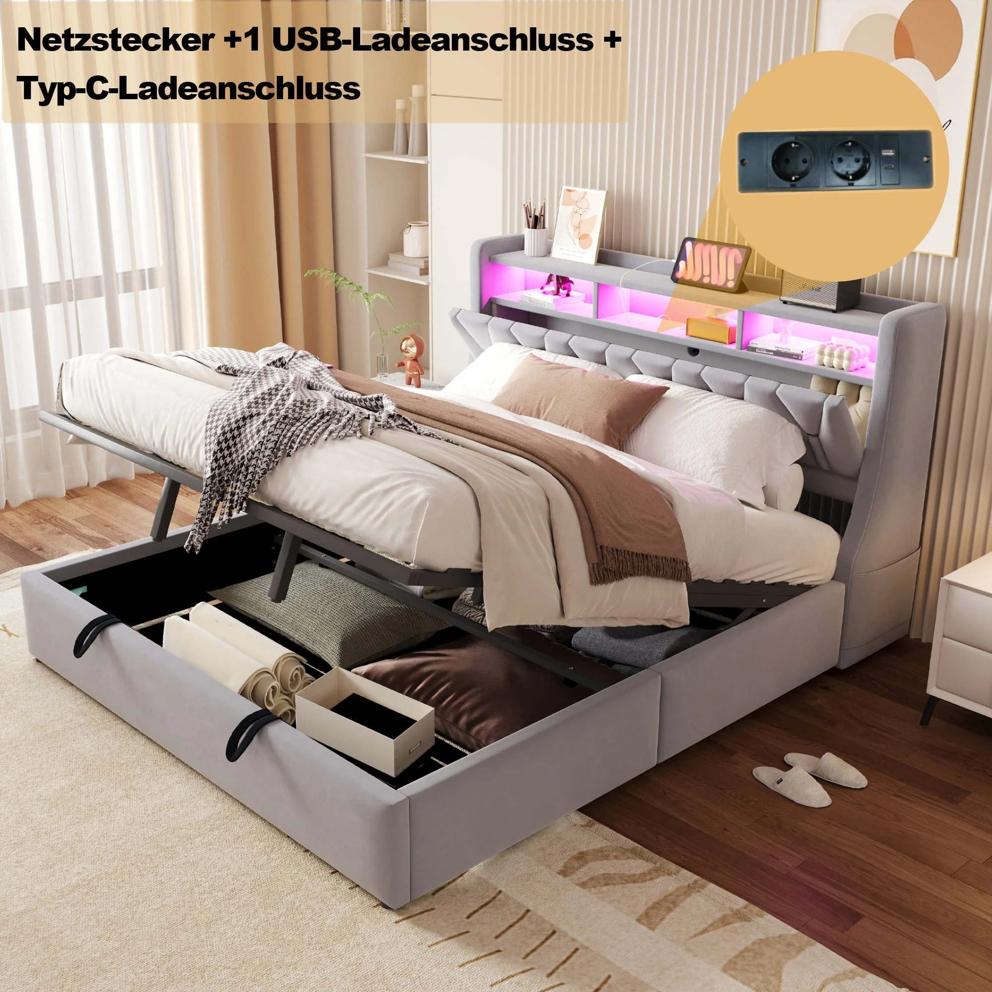 Upholstered Bed 180x200cm Hydraulic Storage Headboard with Power Outlet LED Light Grey Velvet - Image 4