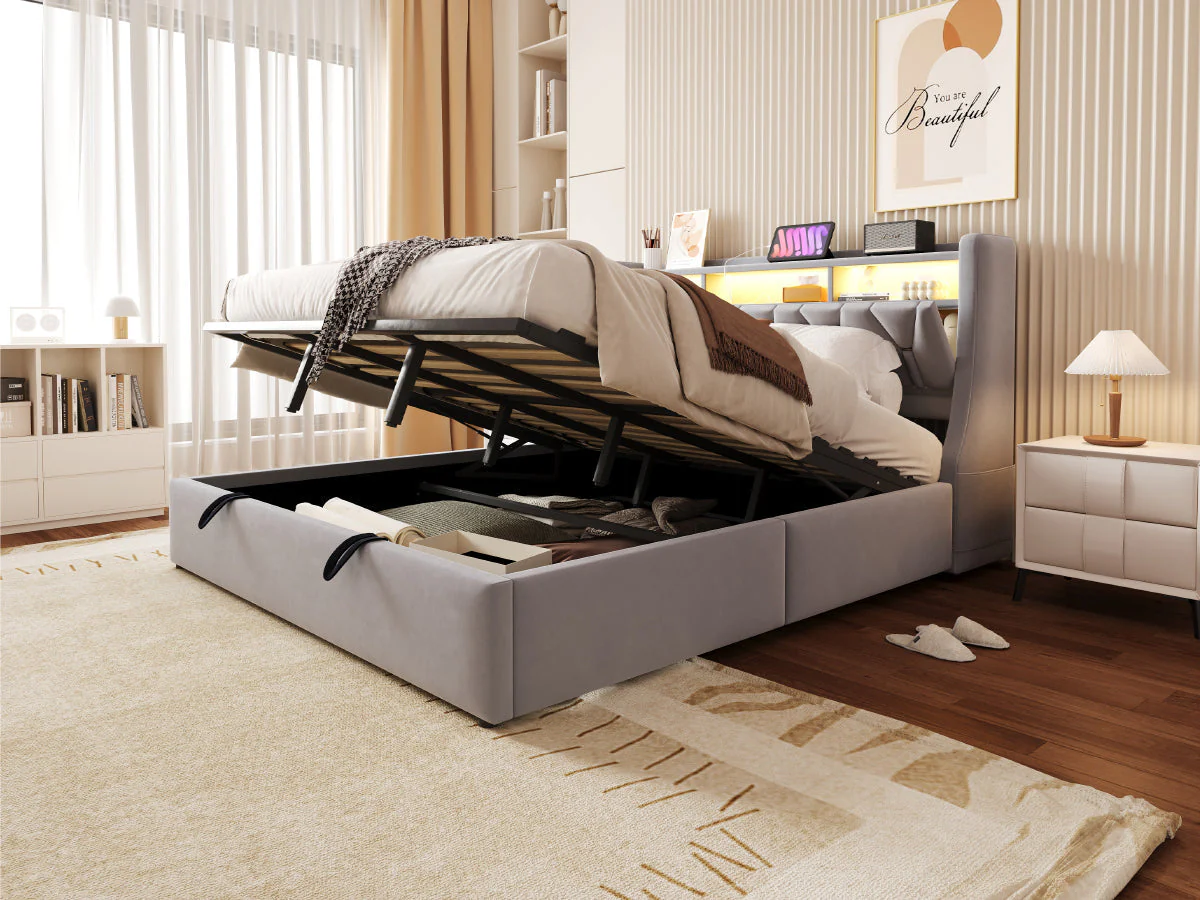Upholstered Bed 180x200cm Hydraulic Storage Headboard with Power Outlet LED Light Grey Velvet - Image 7