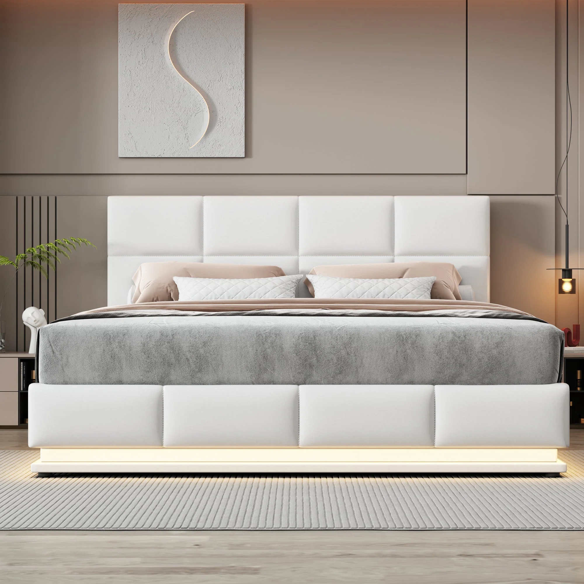 Upholstered Bed 180x200cm Hydraulic Storage LED Faux Leather - White - Image 2