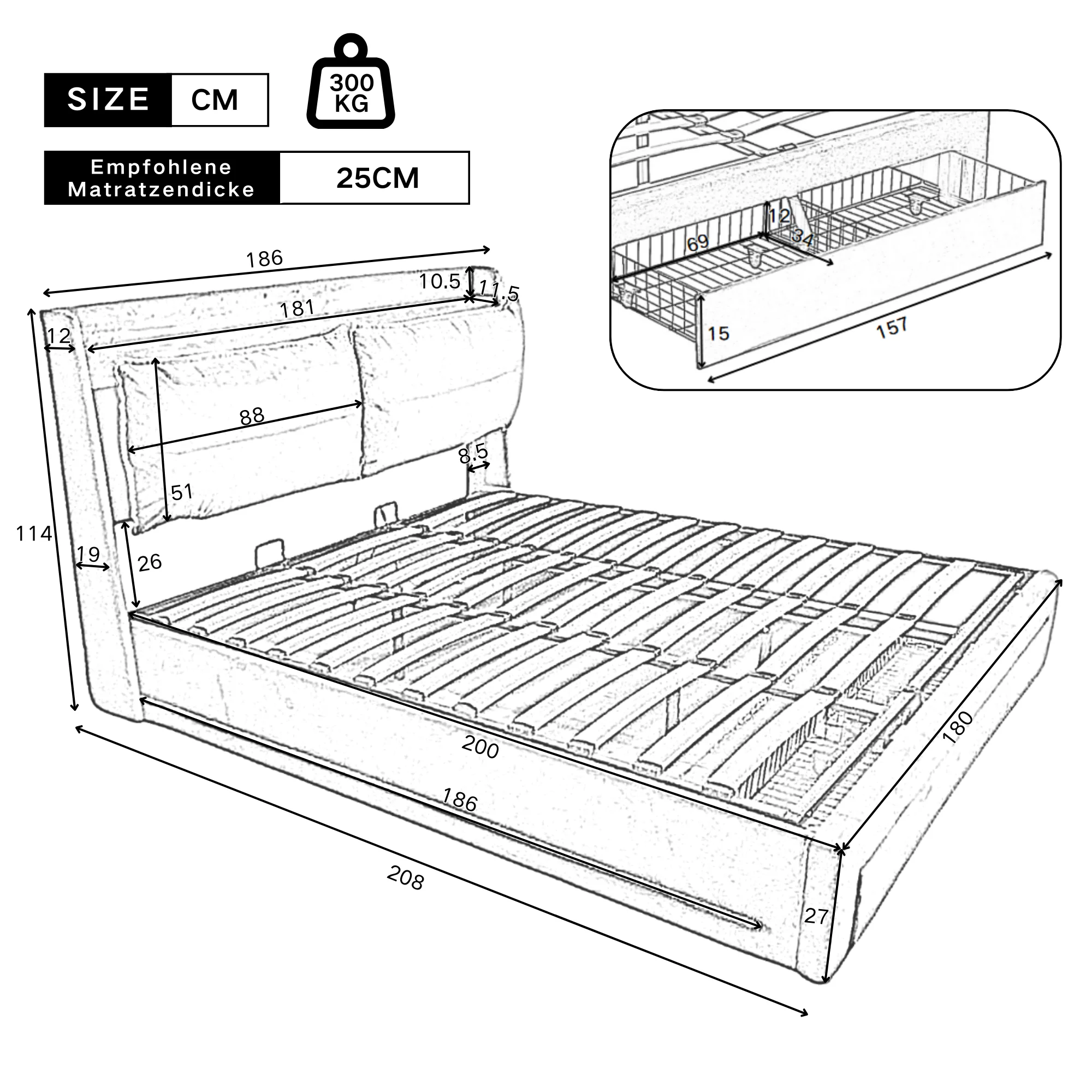 Upholstered Bed 180x200cm Hydraulic Storage LED Light Drawers - Velvet Dark Grey - Image 8