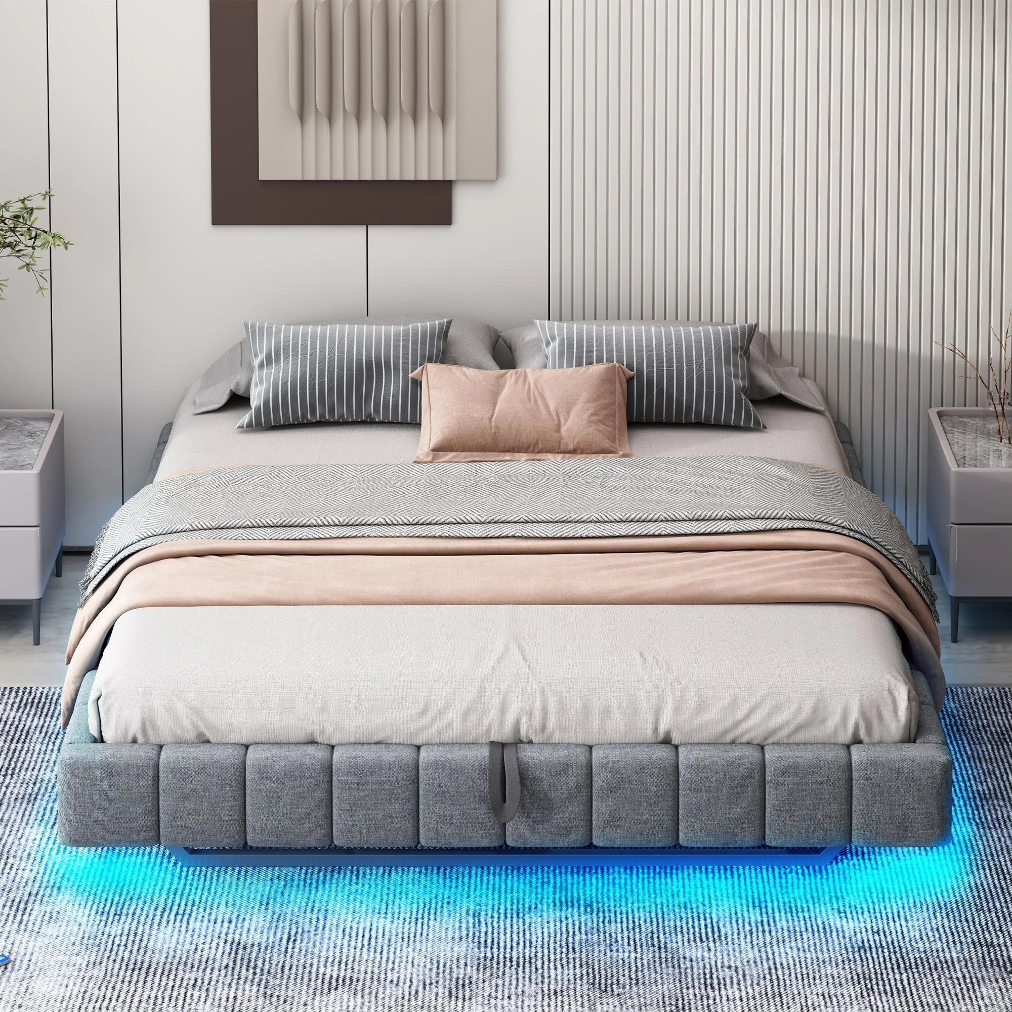 Upholstered Bed 180x200cm Hydraulic Storage LED Light Floating Frame, Linen Grey - Image 3