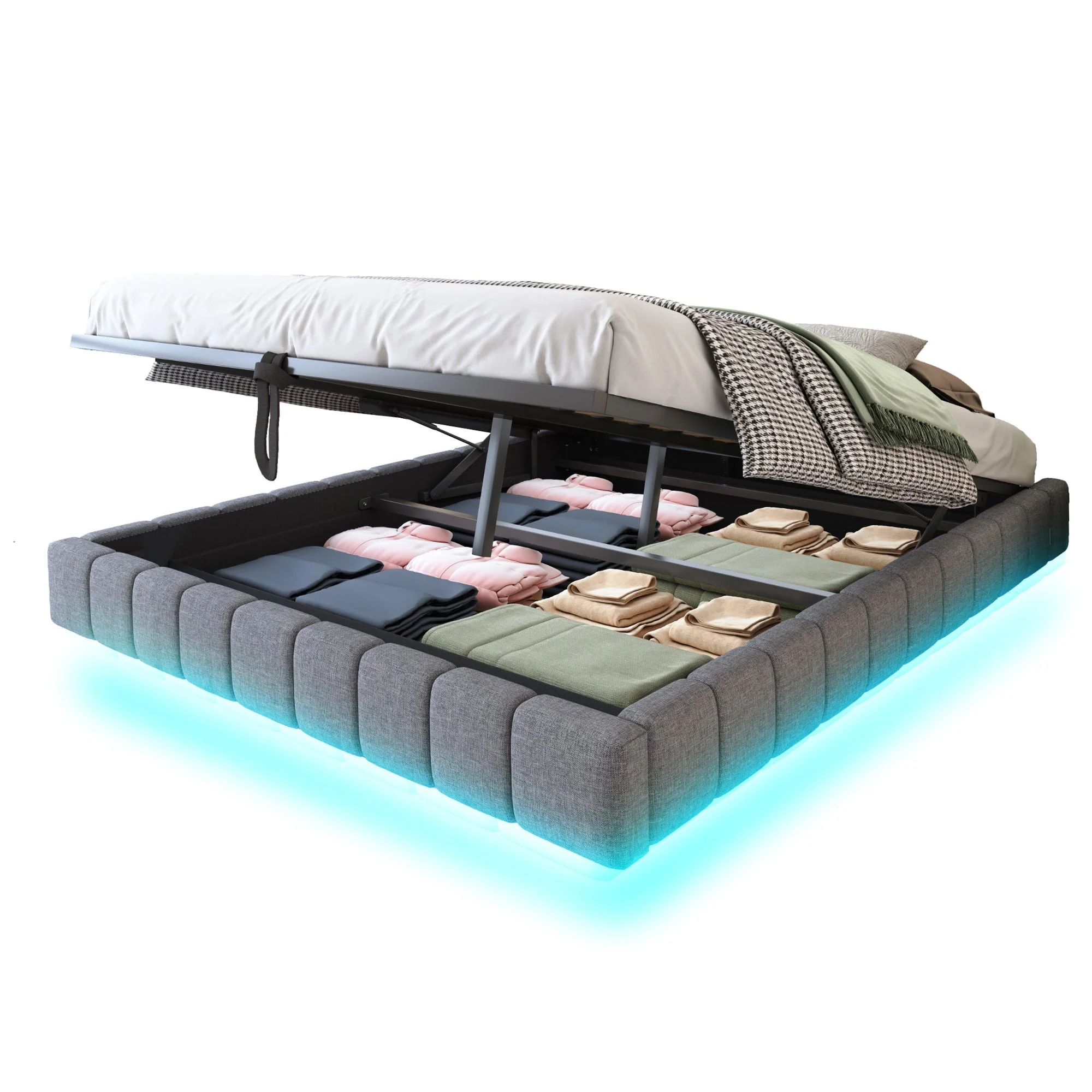 Upholstered Bed 180x200cm Hydraulic Storage LED Light Floating Frame, Linen Grey - Image 7