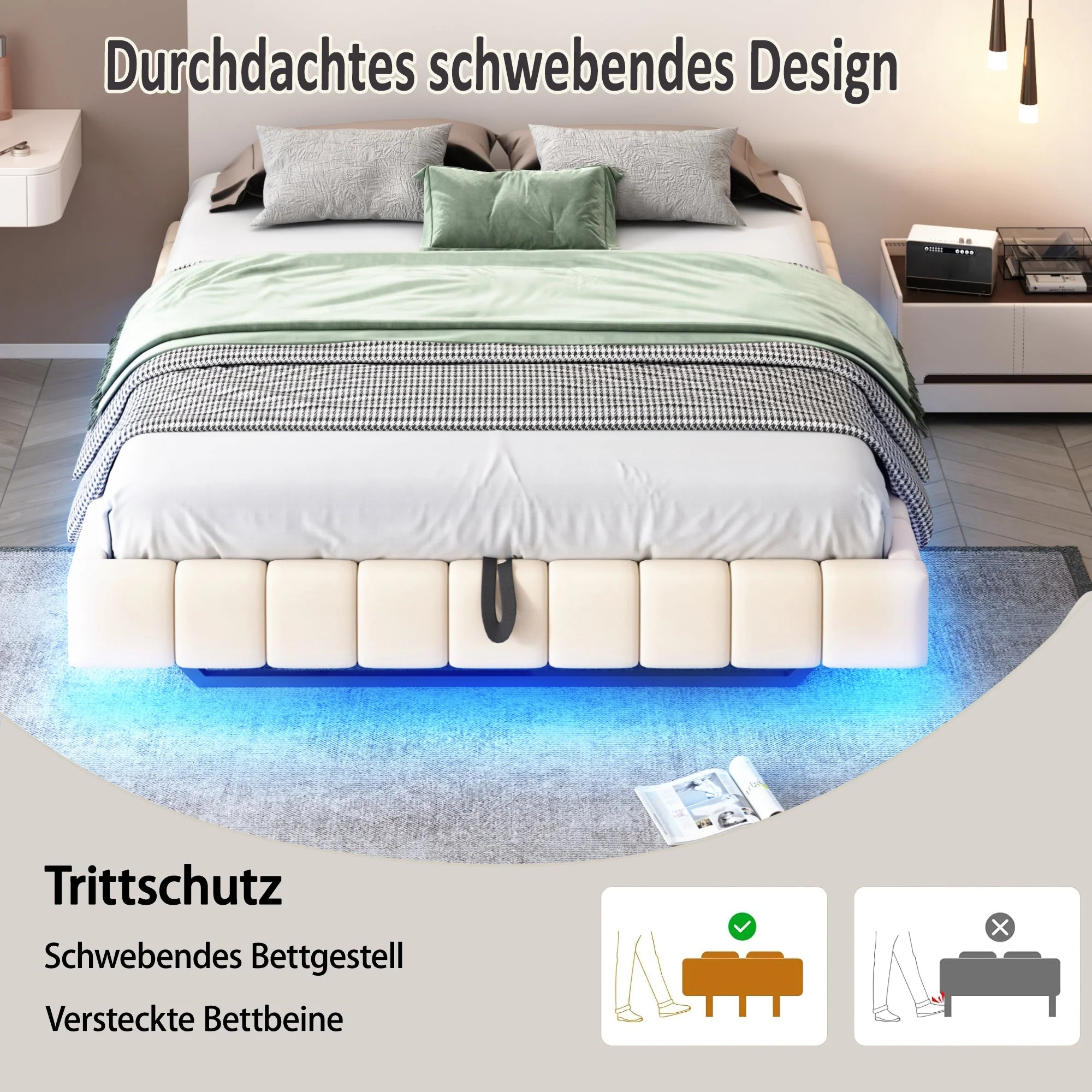 Upholstered Bed 180x200cm Hydraulic Storage LED Light, Linen Beige - Image 3