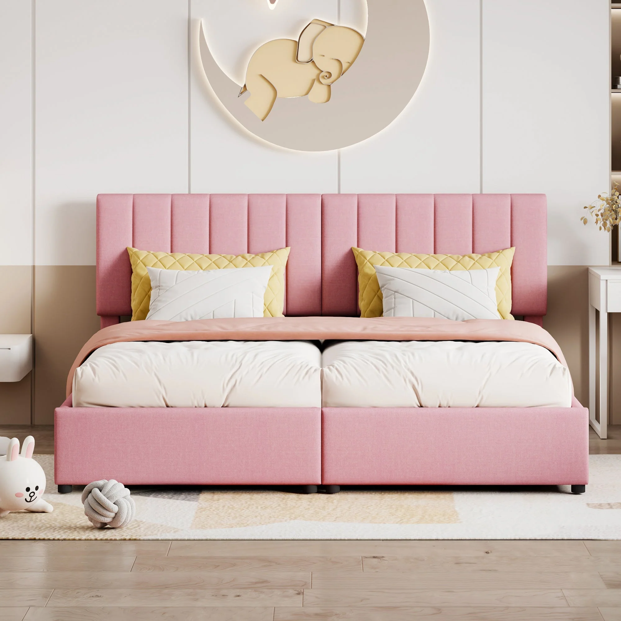 Upholstered Bed, 180x200cm Hydraulic Storage, Multifunctional Double, Pink - Image 3