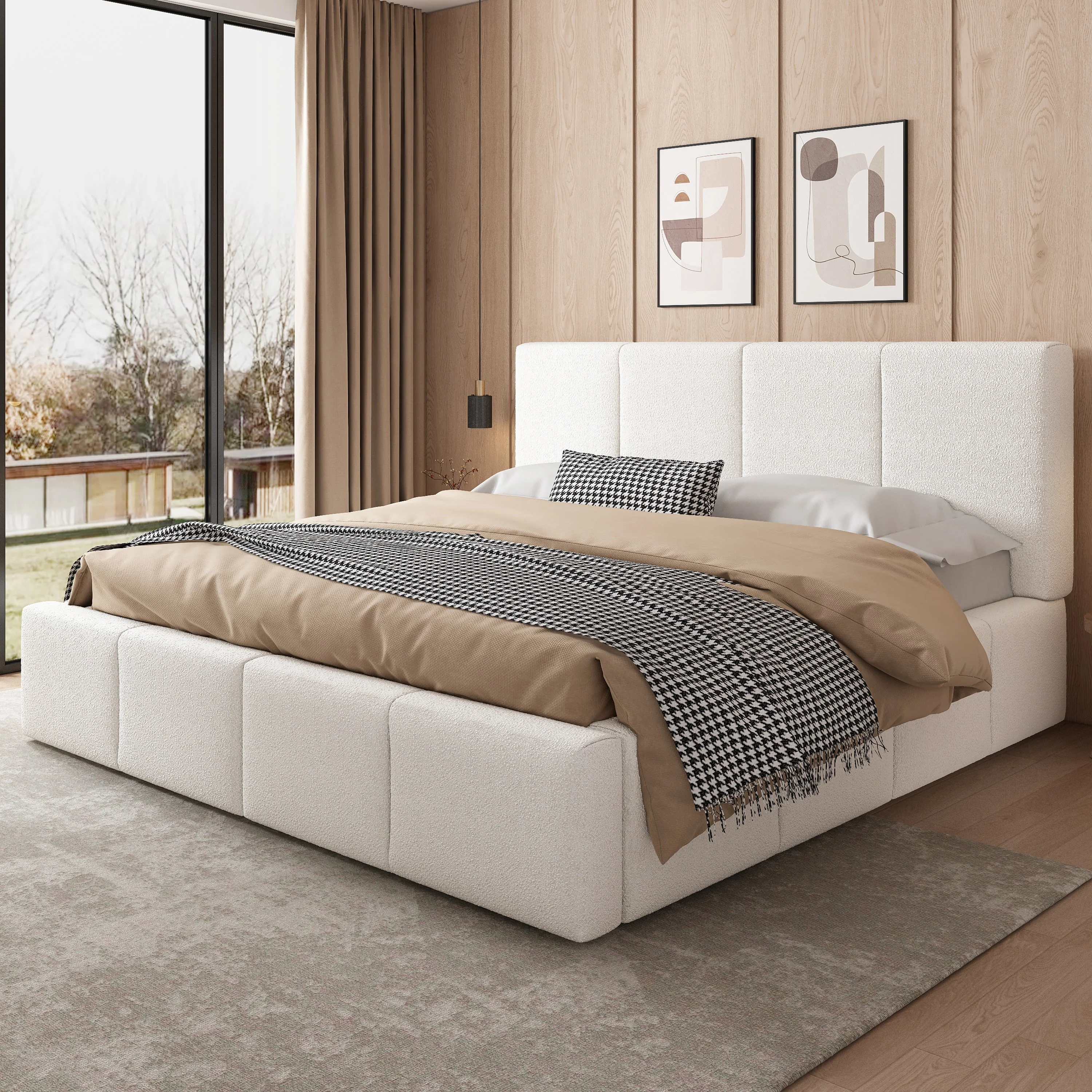 Upholstered Bed 180x200cm Hydraulic Storage Slatted Frame Beige Bouclé - Image 2