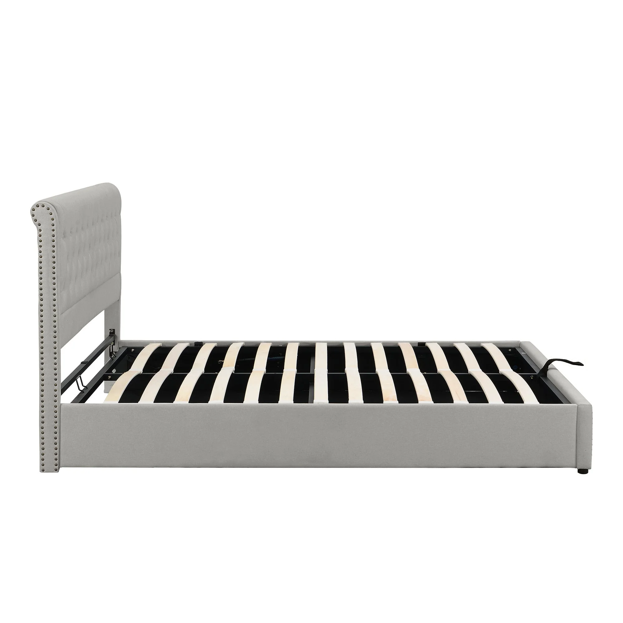 Upholstered Bed 180x200cm Hydraulic Storage Studded - Cotton-Linen Light Grey - Image 6