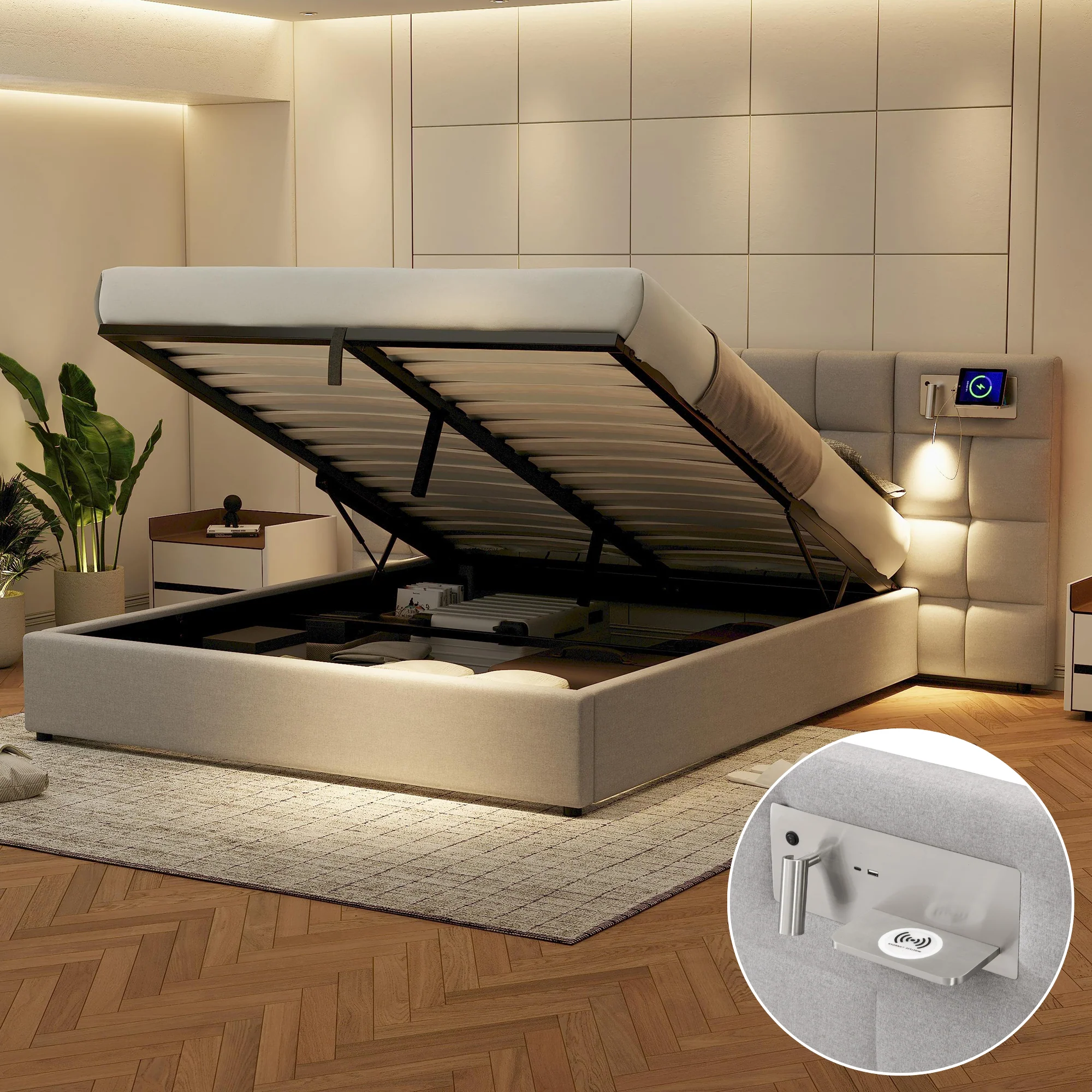 Upholstered Bed 180x200cm Hydraulic Storage USB Wireless Charging Lamp - Linen Grey - Image 3