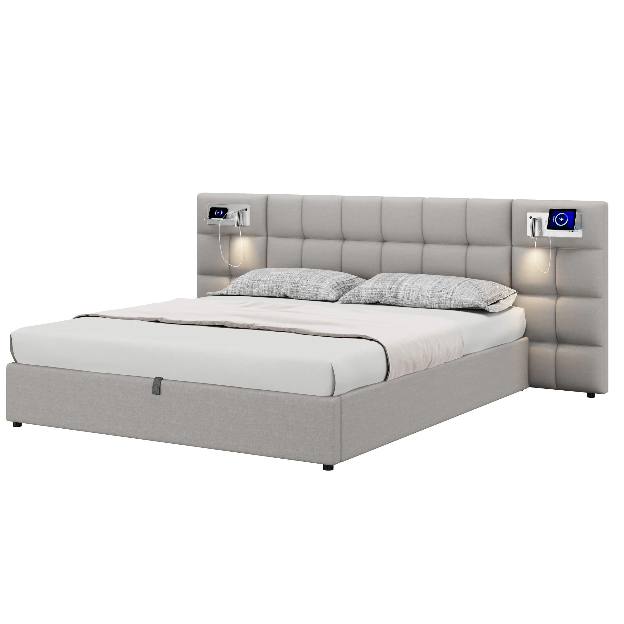 Upholstered Bed 180x200cm Hydraulic Storage USB Wireless Charging Lamp - Linen Grey - Image 9