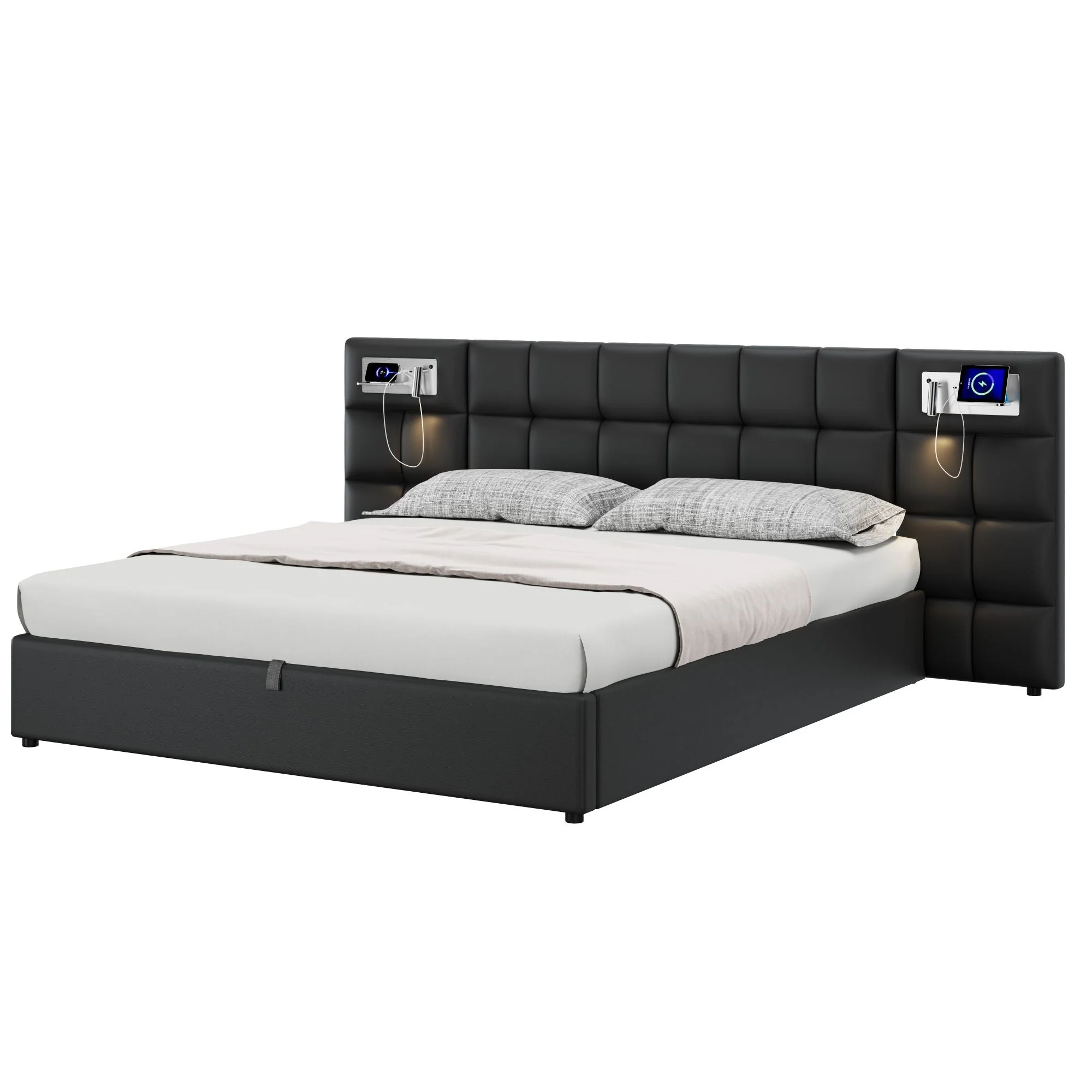 Upholstered Bed 180x200cm Hydraulic Storage USB/Wireless Charging LED Lamp - PU Black - Image 8