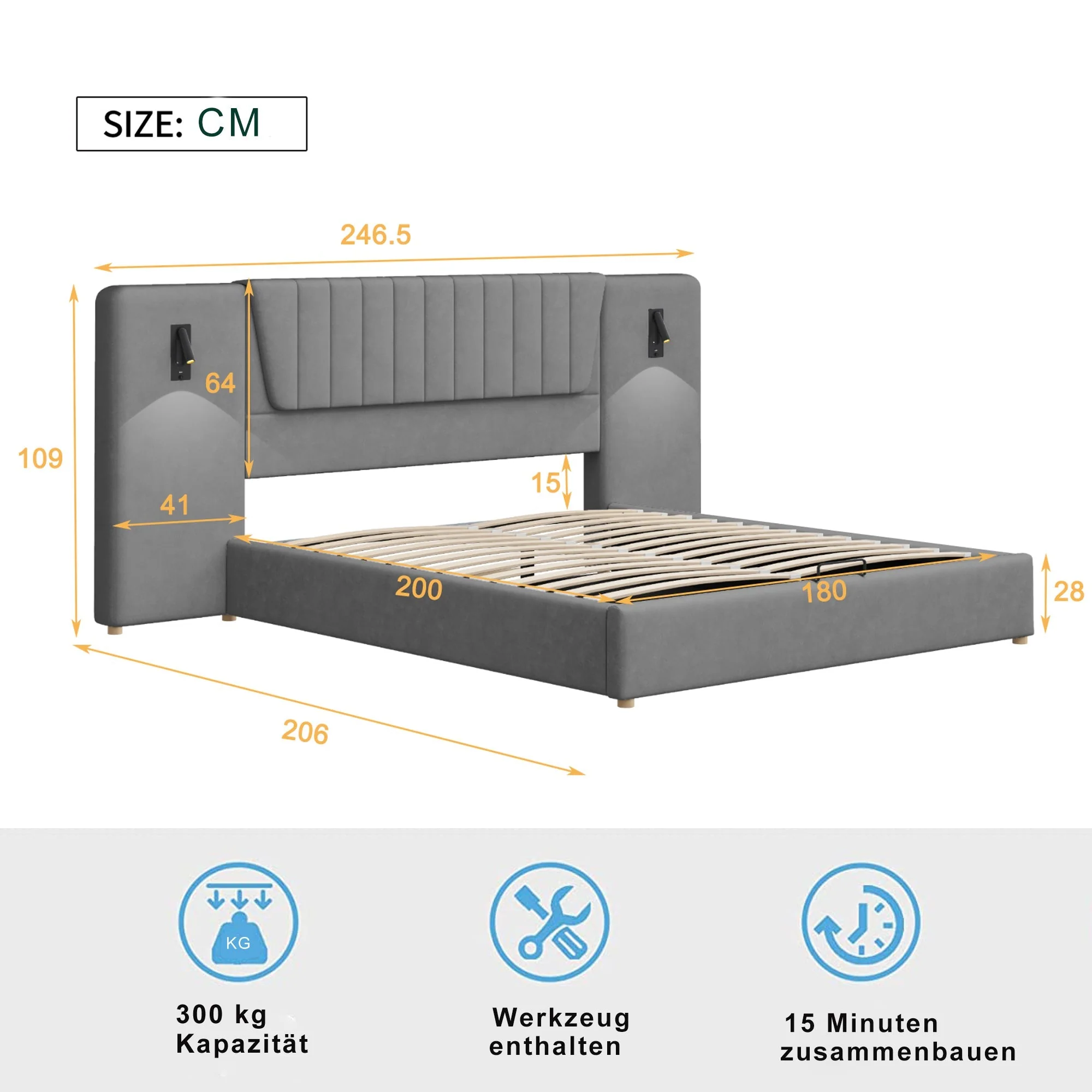 Upholstered Bed 180x200cm, Hydraulic Storage with USB & Reading Lamp, Grey Velvet - Image 10